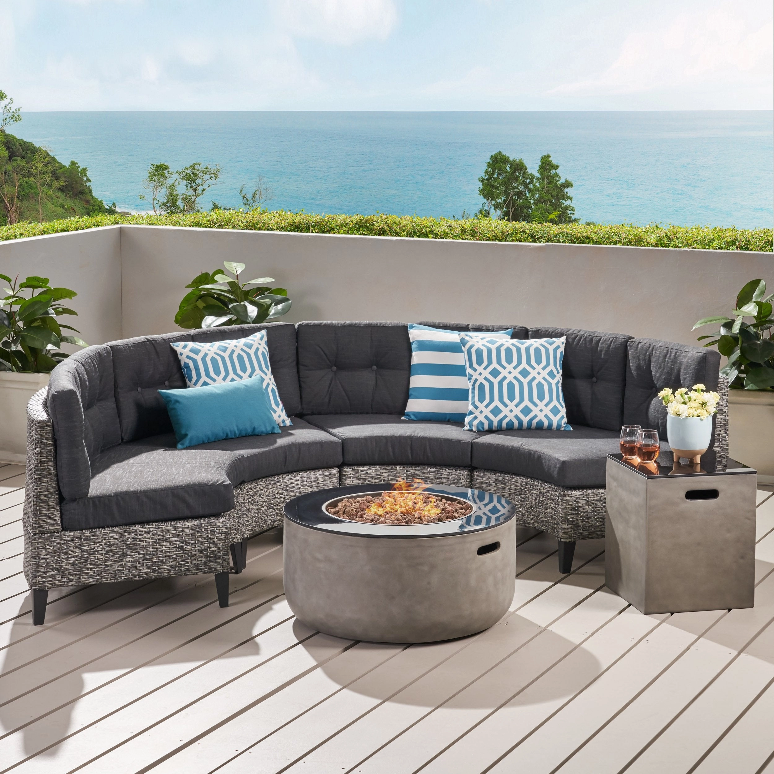 Outdoor Round 4 Seater Wicker Sectional Set with Fire Pit and Tank Holder - NH864113 cushion cover, soft furnishing