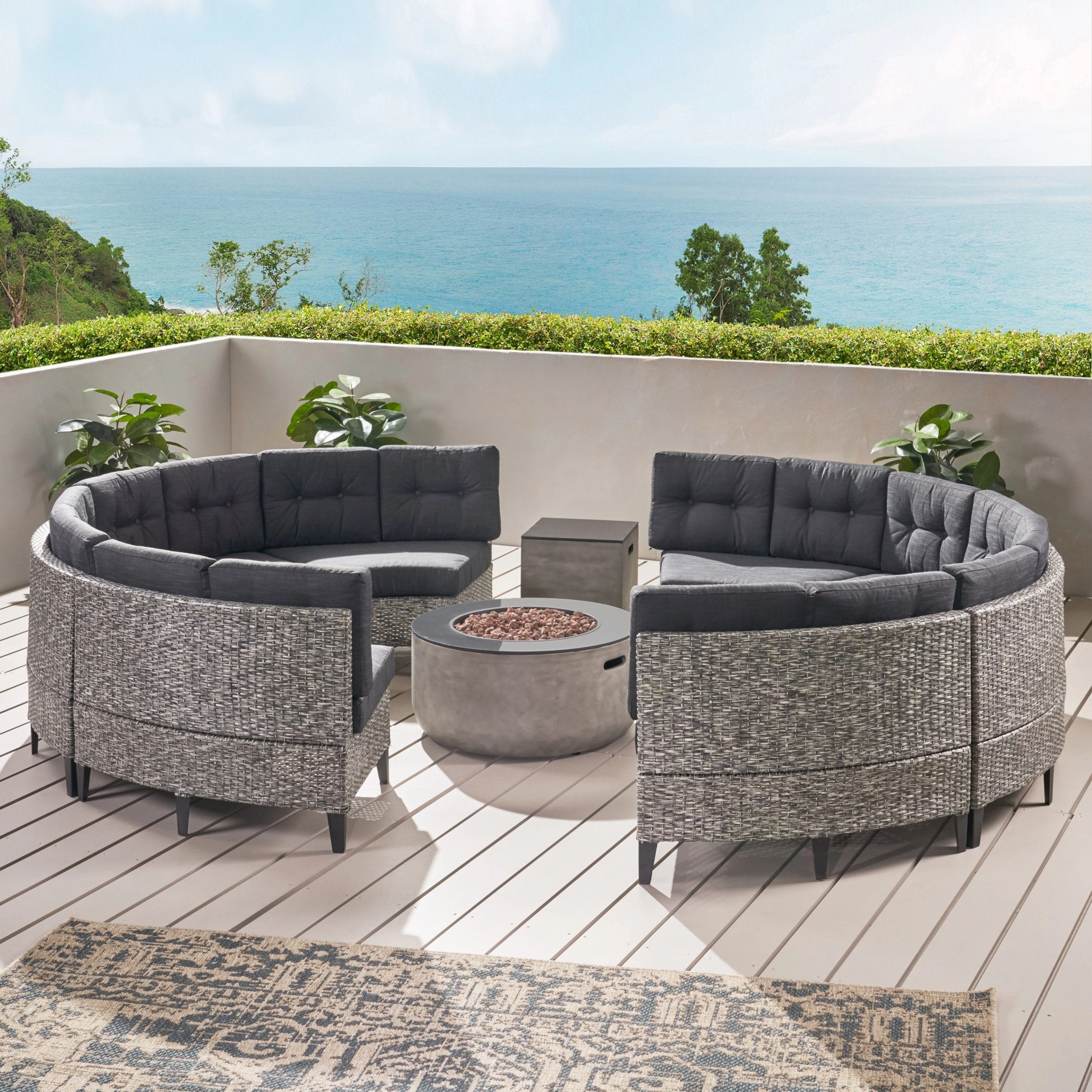 Outdoor Round 8 Seater Wicker Sectional Set with Fire Pit and Tank Holder - NH764113 cushion cover, soft furnishing