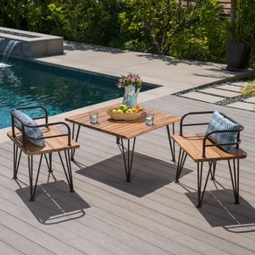 Outdoor Rustic Industrial Acacia Wood Coffee Table Chat Set with Metal Hairpin Legs, Teak - NH561403 clothes rack, garment rack