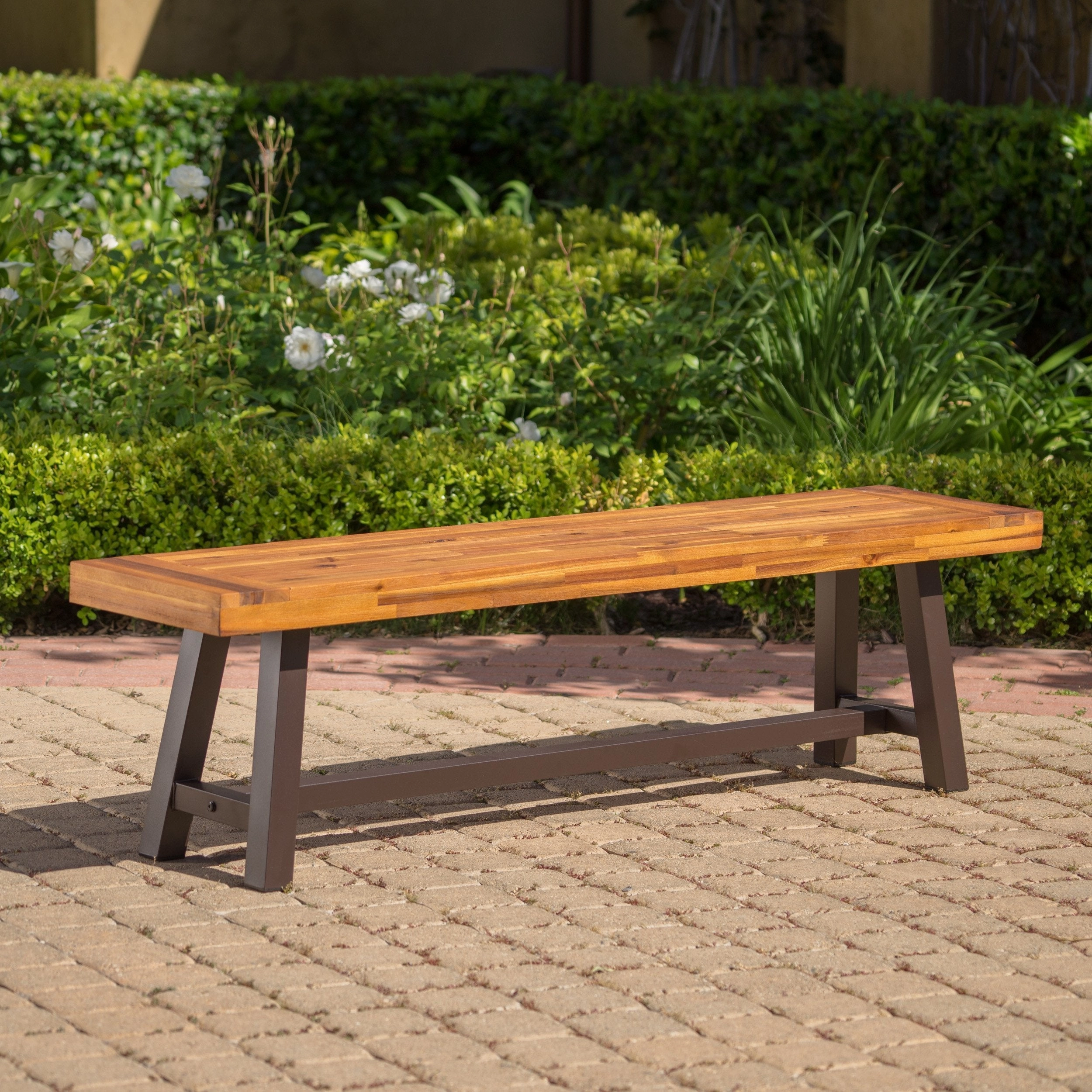 Outdoor Sandblack Finish Acacia Wood & Rustic Metal Bench - NH694003 stair tread rug, stair mat