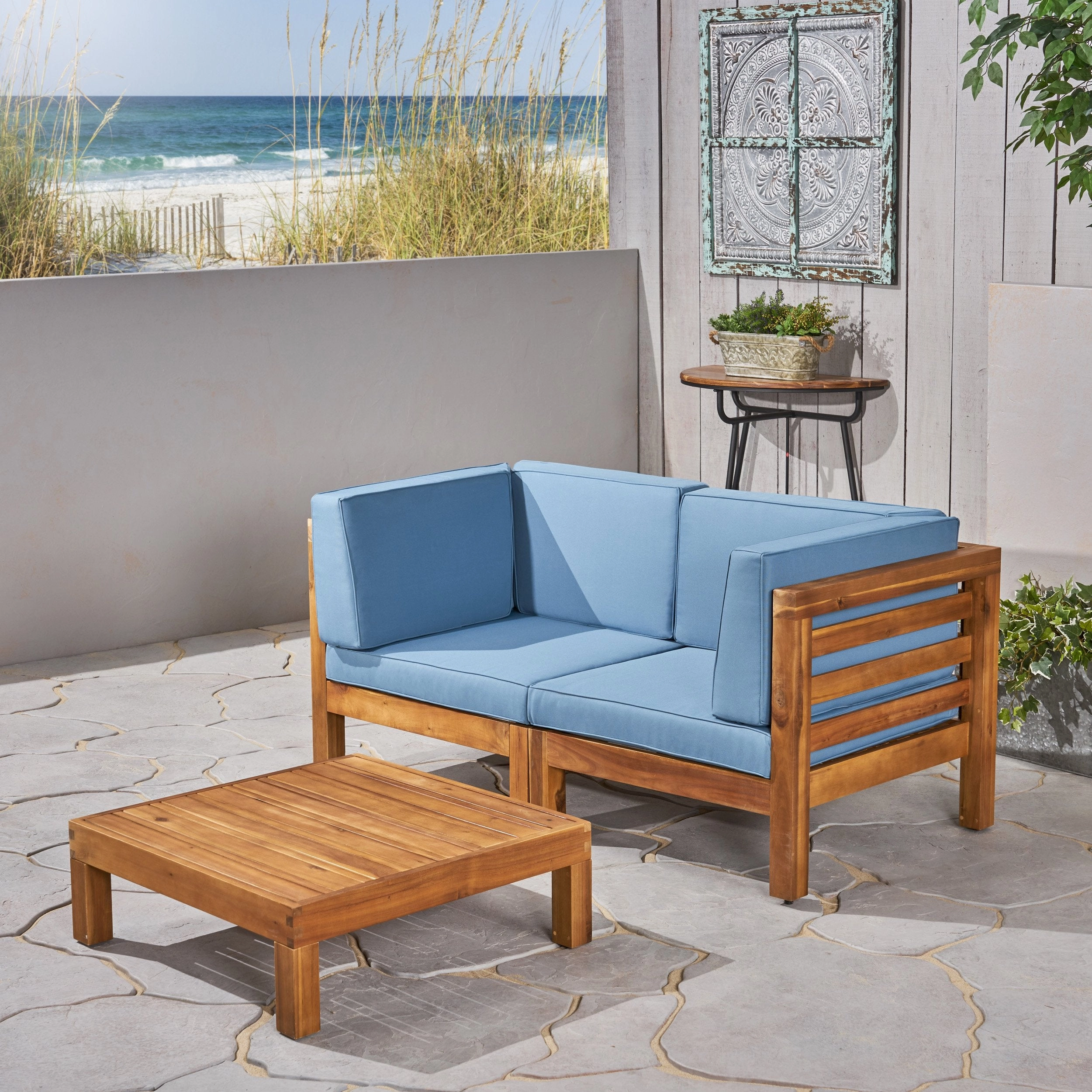 Outdoor Sectional Love Seat Set with Coffee Table - 3-Piece 2-Seater - Acacia Wood - Outdoor Cushions - NH640703 serving bowl, serving dish