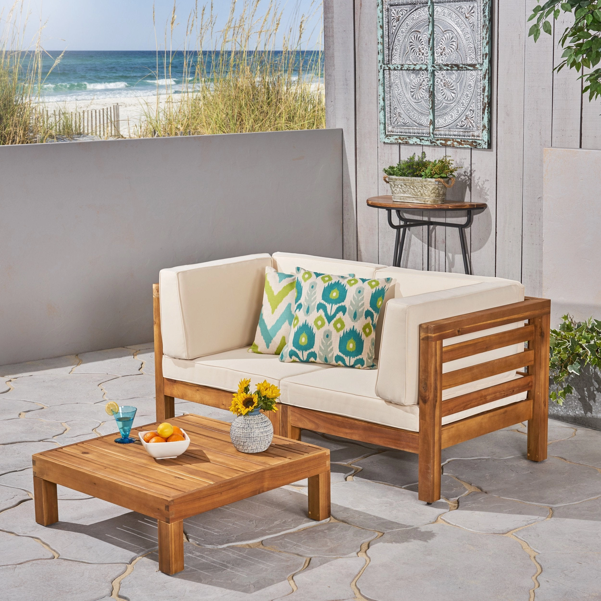 Outdoor Sectional Love Seat Set with Coffee Table - 3-Piece 2-Seater - Acacia Wood - Outdoor Cushions - NH640703