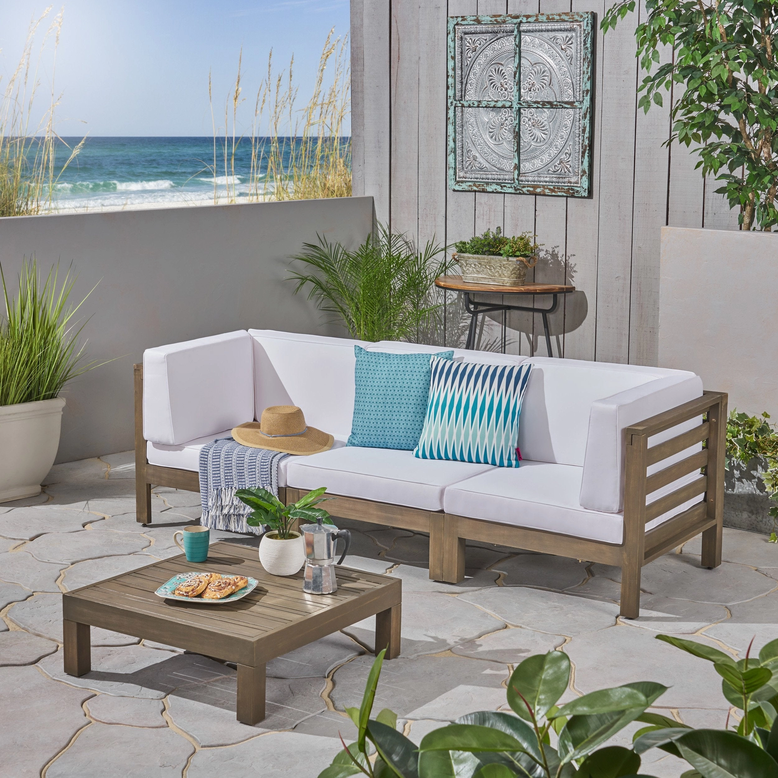 Outdoor Sectional Sofa Set with Coffee Table - 4-Piece 3-Seater - Acacia Wood - Outdoor Cushions - NH550703