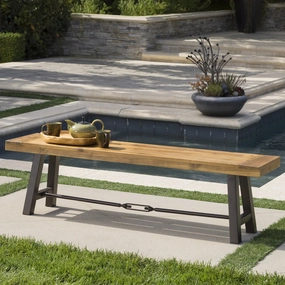 Outdoor Teak Finished Acacia Wood Bench with Rustic Metal Accents - NH365203 stair tread rug, stair mat