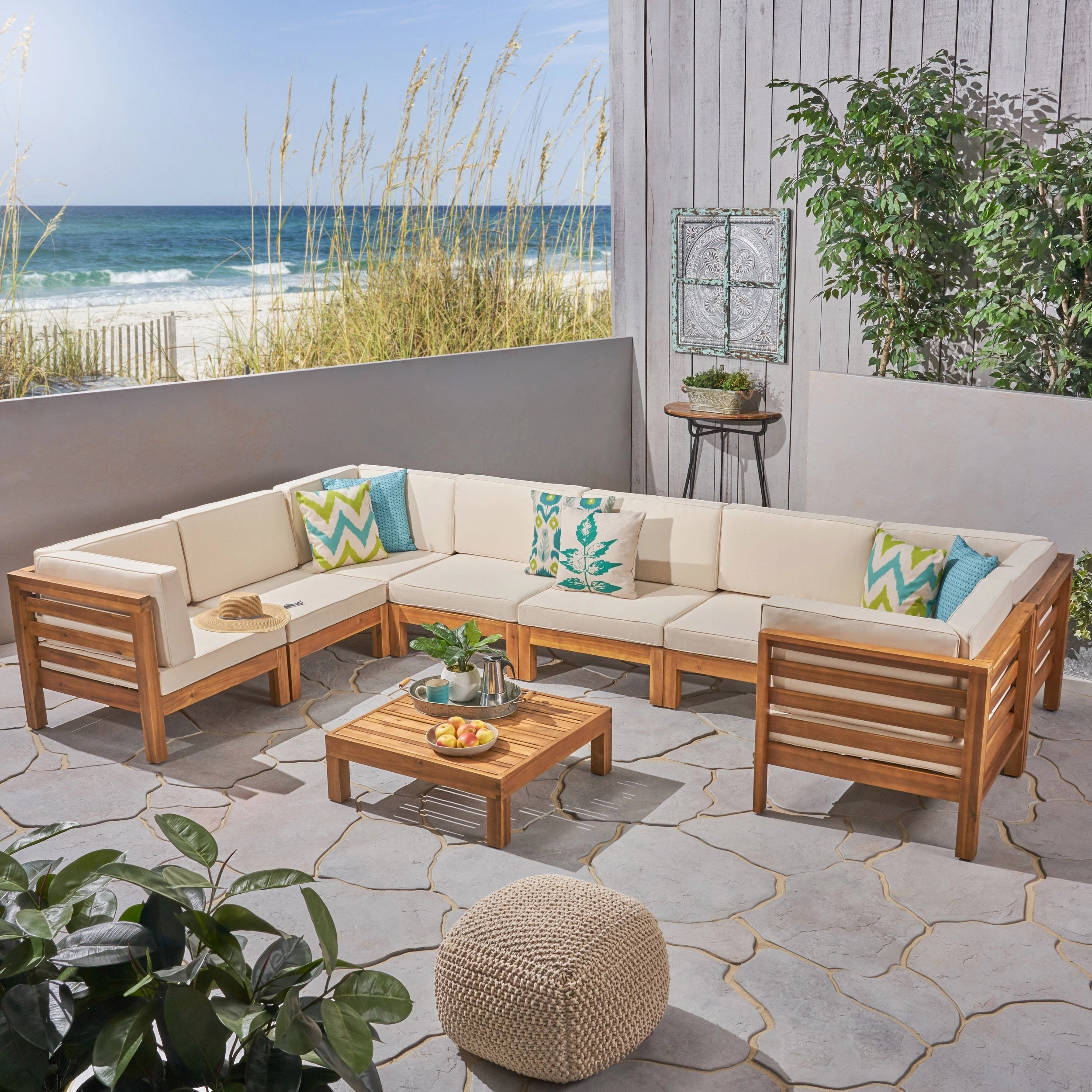 Outdoor U-Shaped Sectional Sofa Set with Coffee Table - 9-Piece 8-Seater - Acacia Wood - Outdoor Cushions - NH090703 serving bowl, serving dish