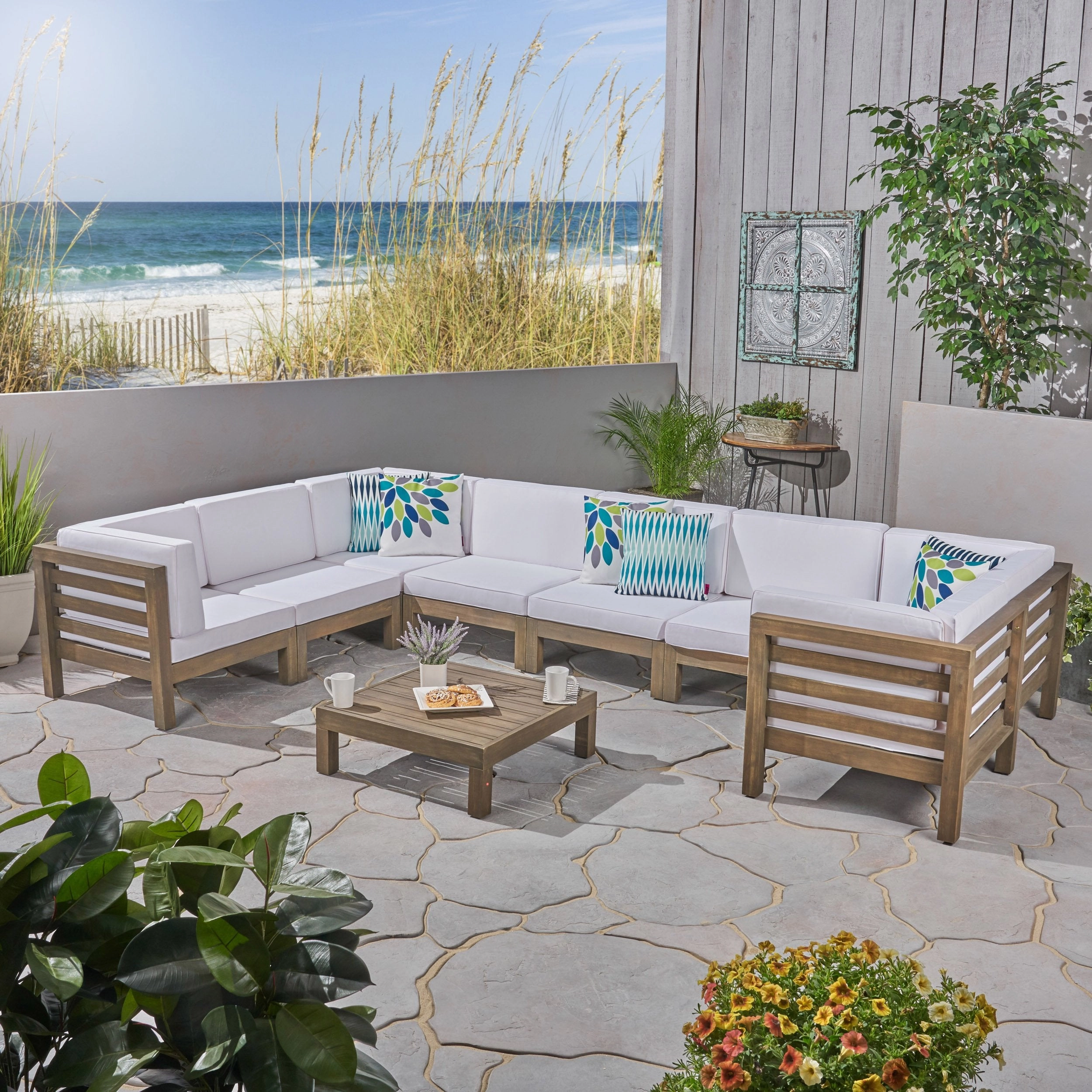 Outdoor U-Shaped Sectional Sofa Set with Coffee Table - 9-Piece 8-Seater - Acacia Wood - Outdoor Cushions - NH490703 serving bowl, serving dish