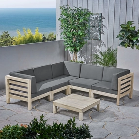 Outdoor V-Shaped Sectional Sofa Set with Coffee Table - 6-Piece 5-Seater - Acacia Wood - Outdoor Cushions - Weathered Gray and Dark Gray - NH160703 serving bowl, serving dish