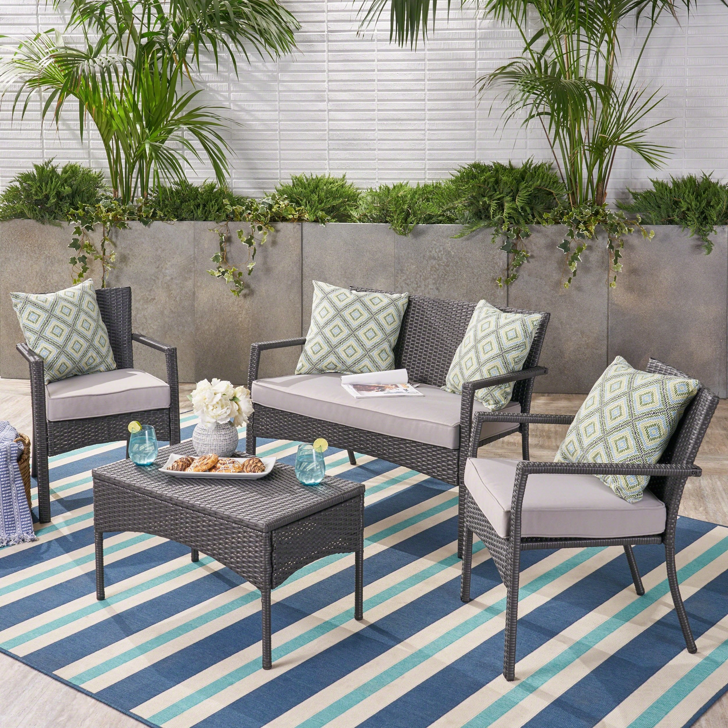 Outdoor Wicker 4 Seater Chat Set, Grey with Silver Cushions - NH358403 cushion cover, soft furnishing