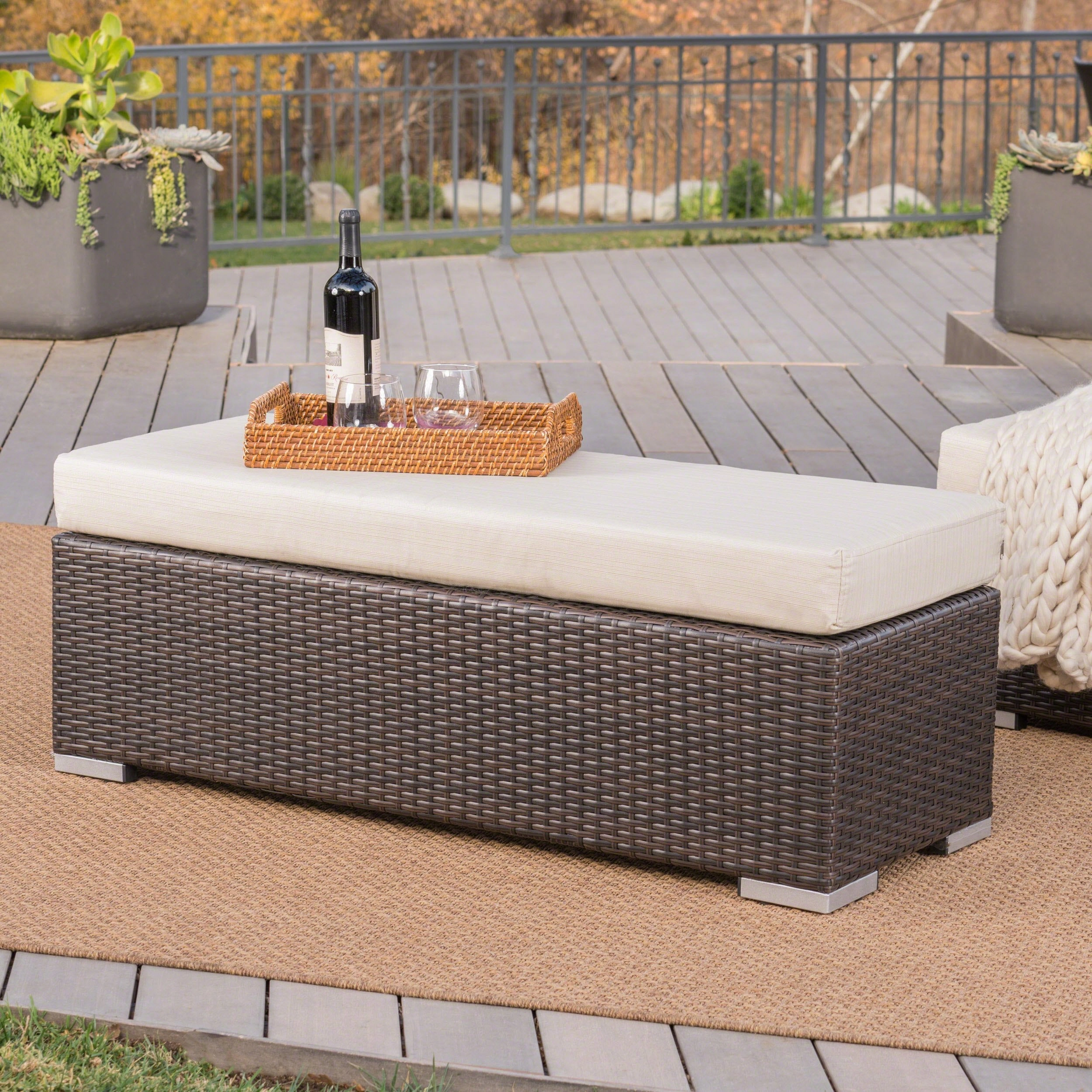 Outdoor Wicker Bench with Water Resistant Cushion - NH914303 stair tread rug, stair mat
