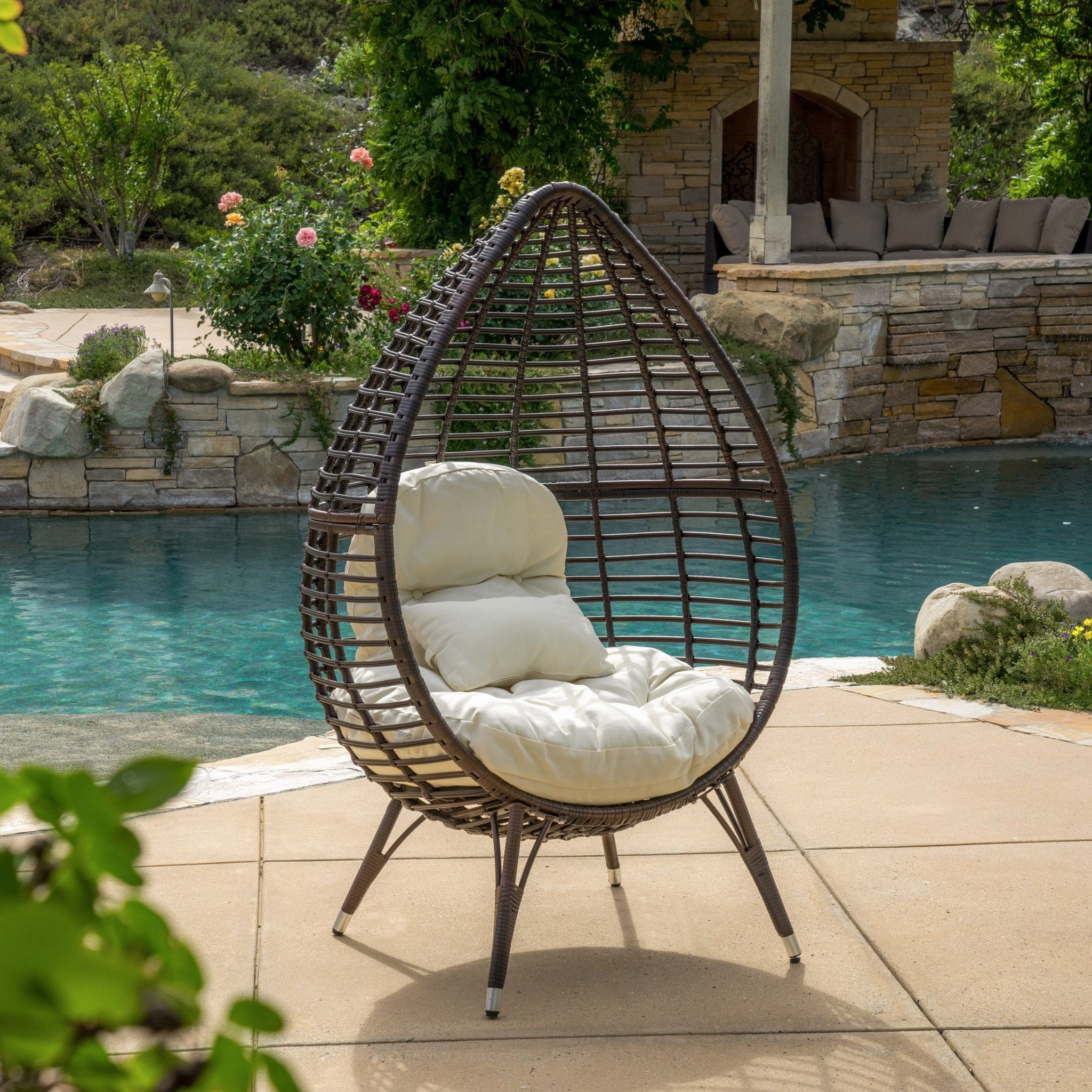 Outdoor Wicker Freestanding Wicker Teardrop / Egg Chair w/ Cushion - NH508592 chandelier, pendant light