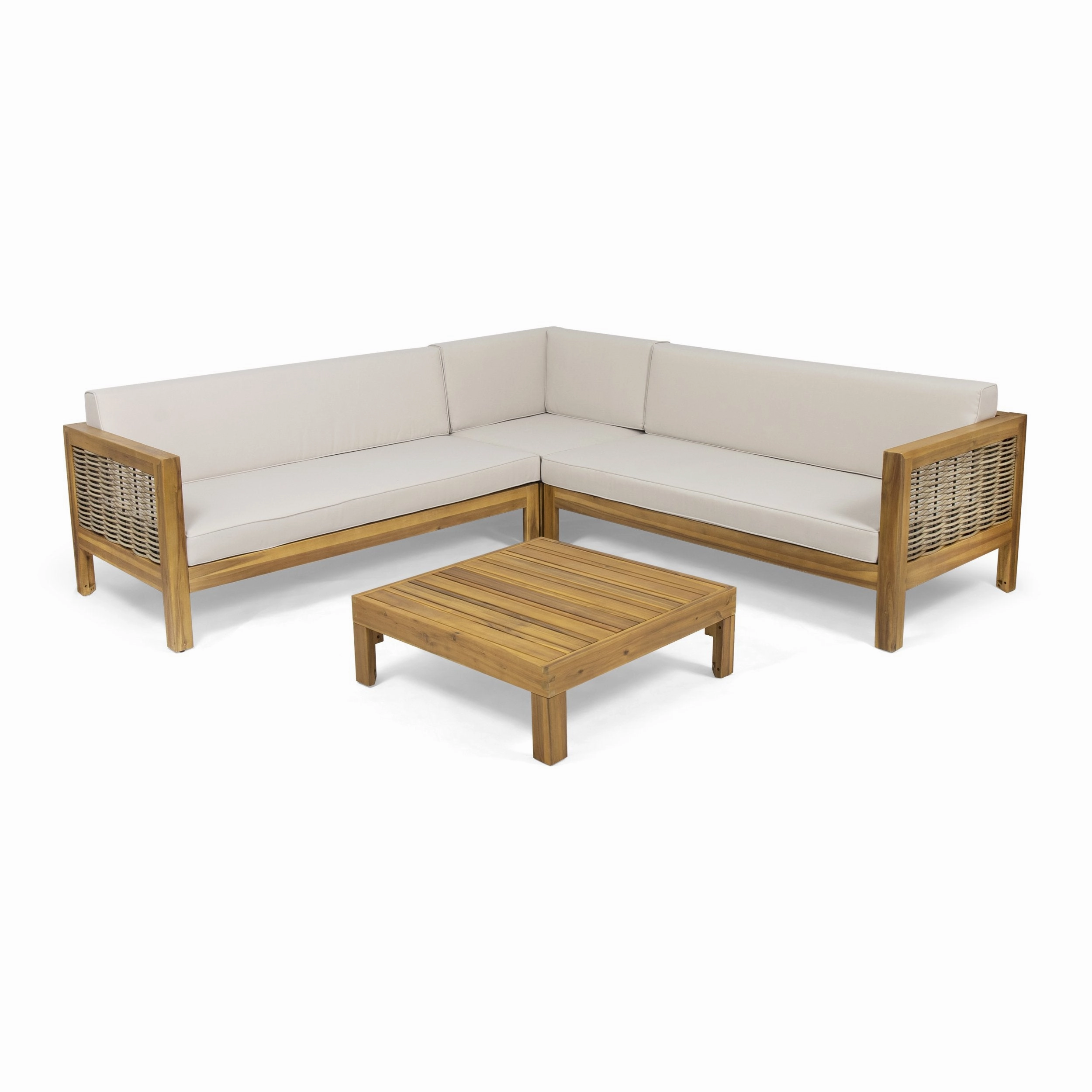 Outdoor Wood and Wicker 5 Seater Sectional Sofa and Coffee Table Set - NH325903