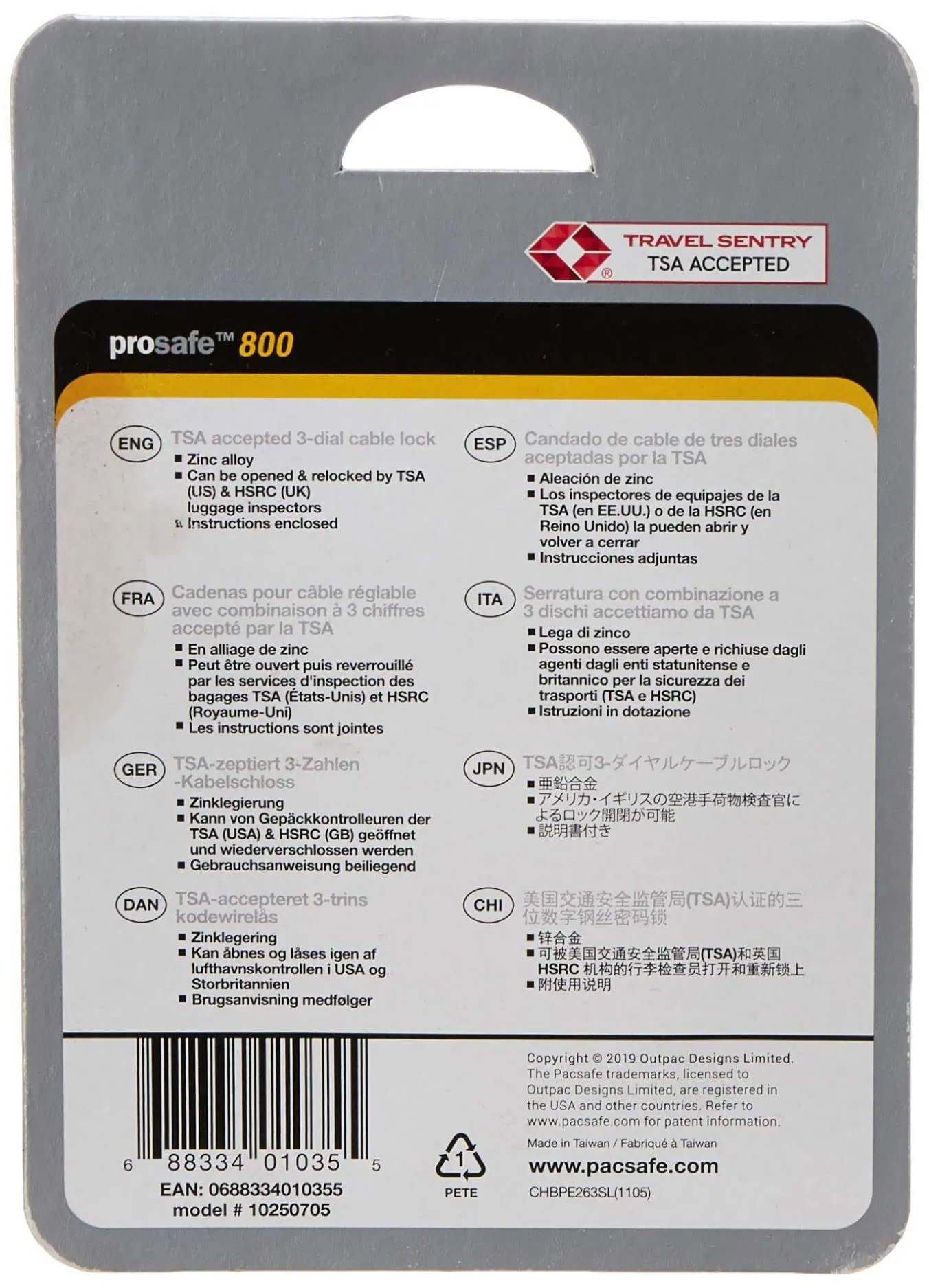 Pacsafe Prosafe 800 Combination Cable Padlock Bags Pacsafe