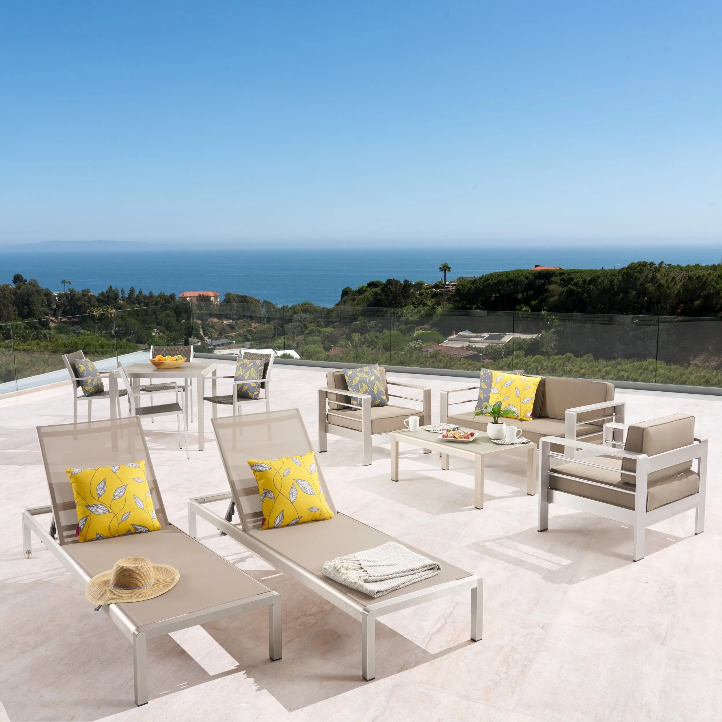 Patio Collection - 4-Seat Dining Set, 3-Piece Conversation Set, 2 Chaise Lounges, Coffee Table - Aluminum - Faux Wood Table Top - Silver, Gray, Khaki - NH320703 patio chairs, outdoor seating
