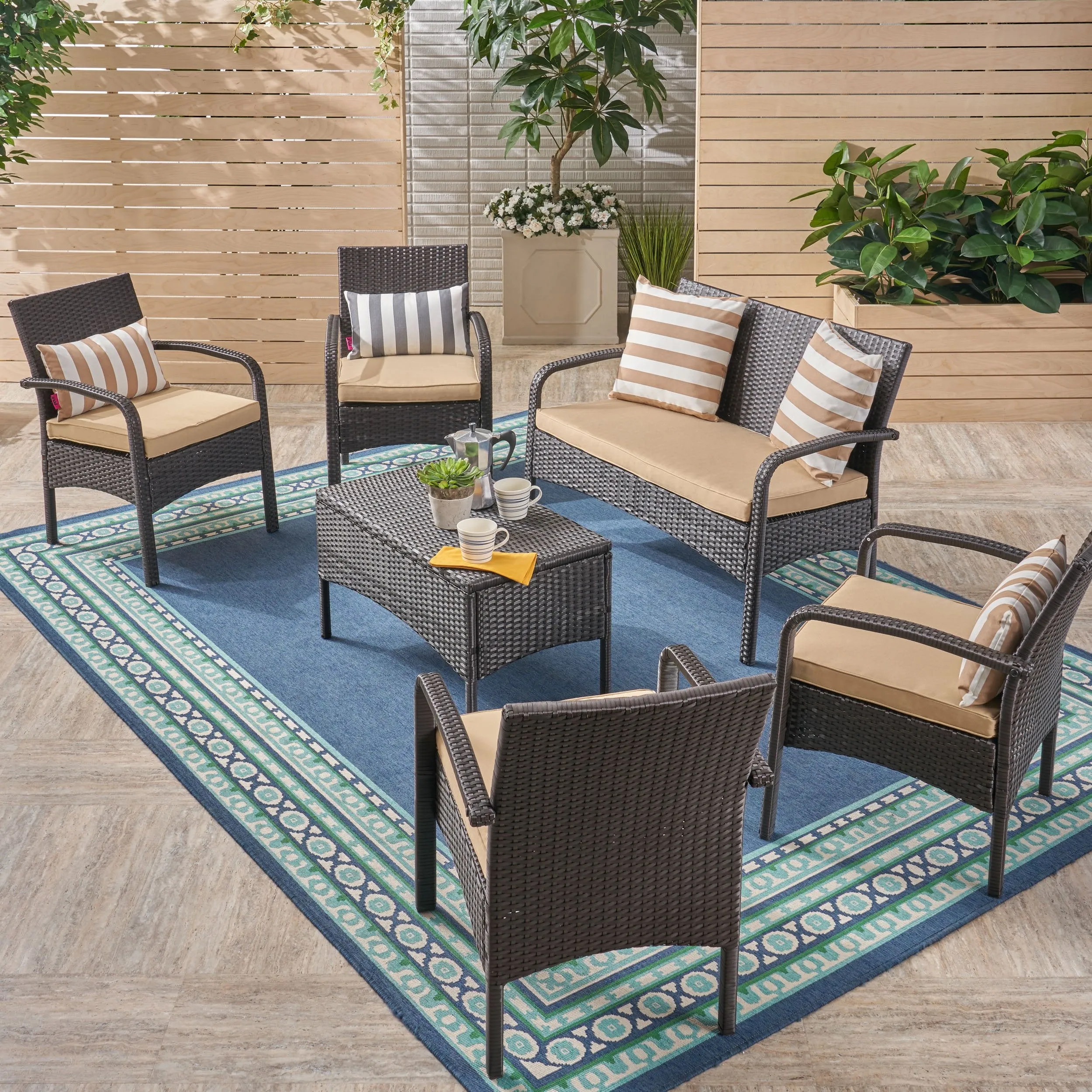 Patio Conversation Set, 6-Seater with Loveseat, Club Chairs, and Coffee Table, Brown Wicker with Tan Outdoor Cushions - NH842703 patio chairs, outdoor seating