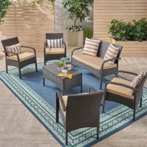 Patio Conversation Set, 6-Seater with Loveseat, Club Chairs, and Coffee Table, Brown Wicker with Tan Outdoor Cushions - NH842703 patio chairs, outdoor seating