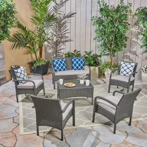 Patio Conversation Set, 6-Seater with Loveseat, Club Chairs, and Coffee Table, Gray Wicker with Light Gray Outdoor Cushions - NH252703 patio chairs, outdoor seating