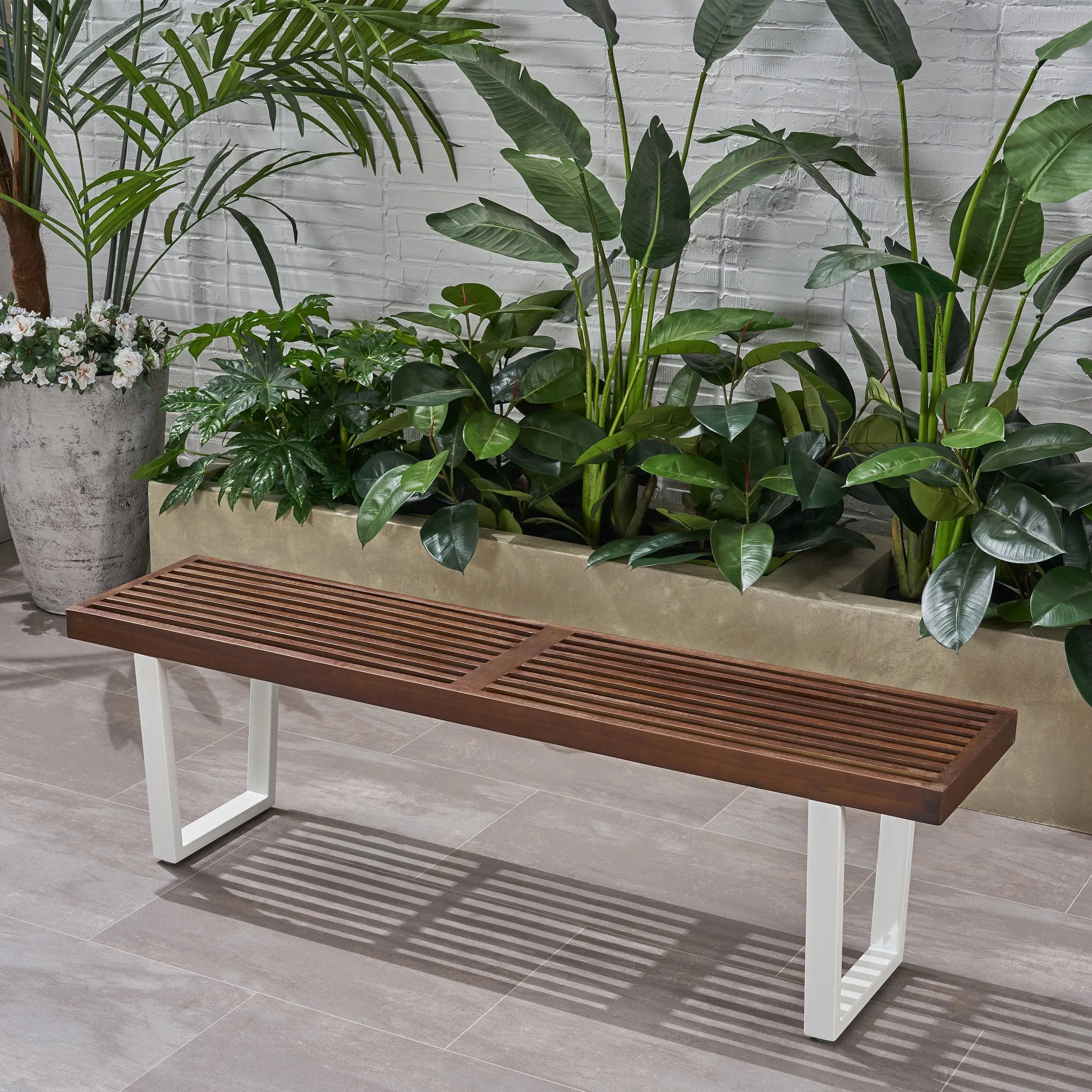 Patio Dining Bench, Acacia Wood with Iron Legs, Modern, Contemporary - NH195703