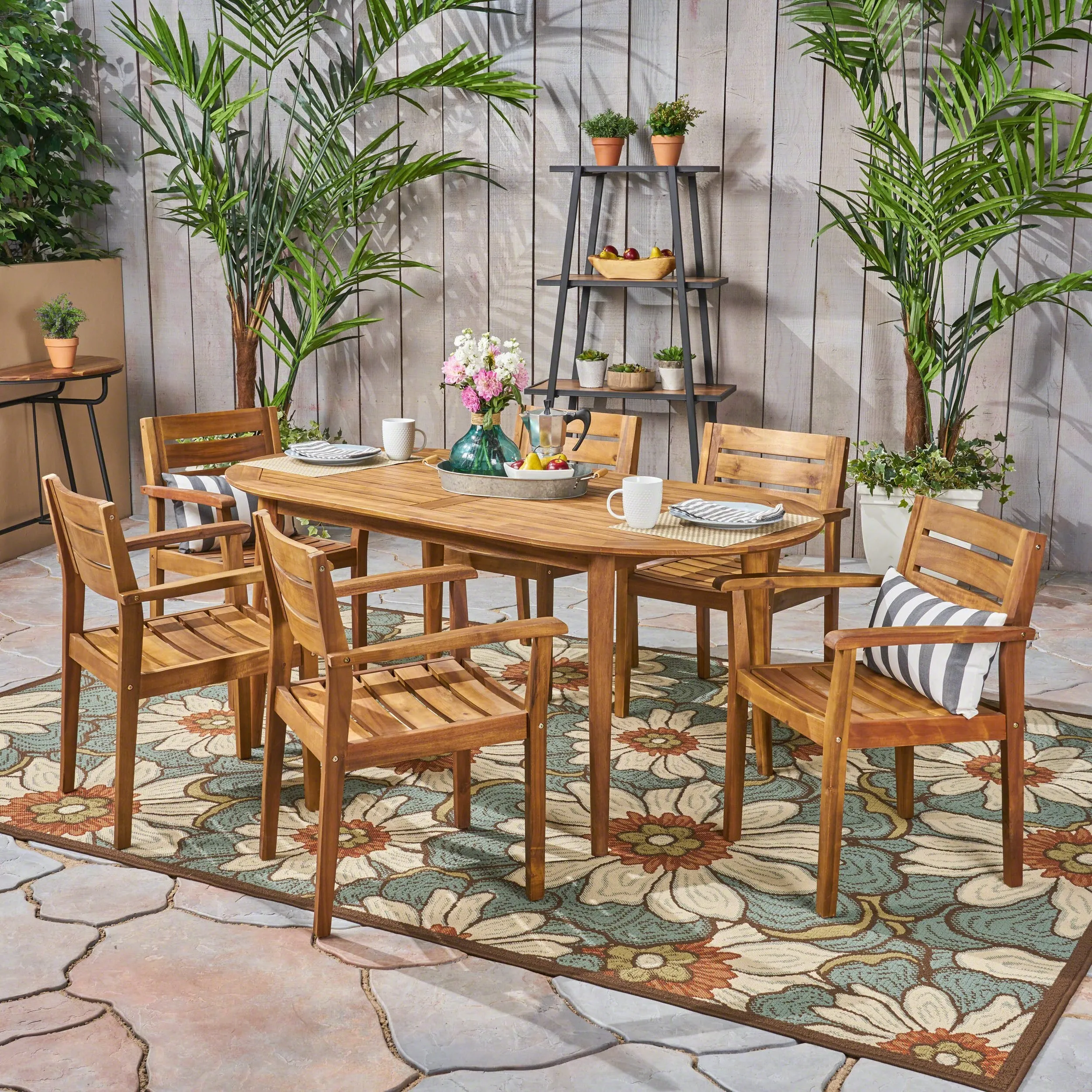 Patio Dining Set, 71" 6-Seater, Oval Table, Acacia Wood with Teak Finish - NH435703 patio chairs, outdoor seating