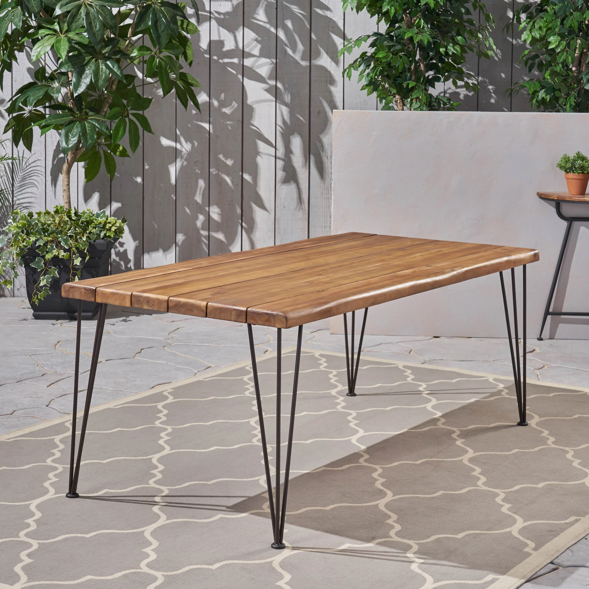 Patio Dining Table, Rectangular, 72", Acacia Wood Table Top, Rustic Iron Hairpin Legs, Teak Finish - NH984703