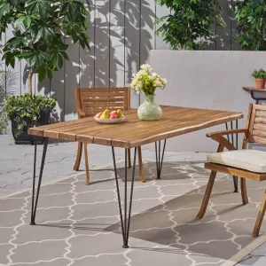 Patio Dining Table, Rectangular, 72", Acacia Wood Table Top, Rustic Iron Hairpin Legs, Teak Finish - NH984703 patio chairs, outdoor seating