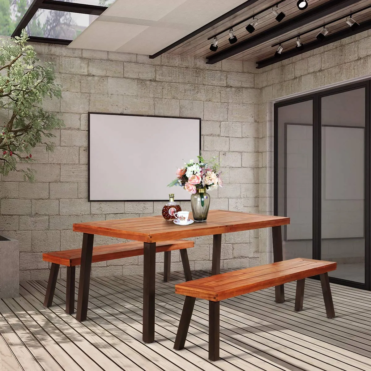 Patio Dining Table with Umbrella Hole, Outdoor Picnic Table for Backyard