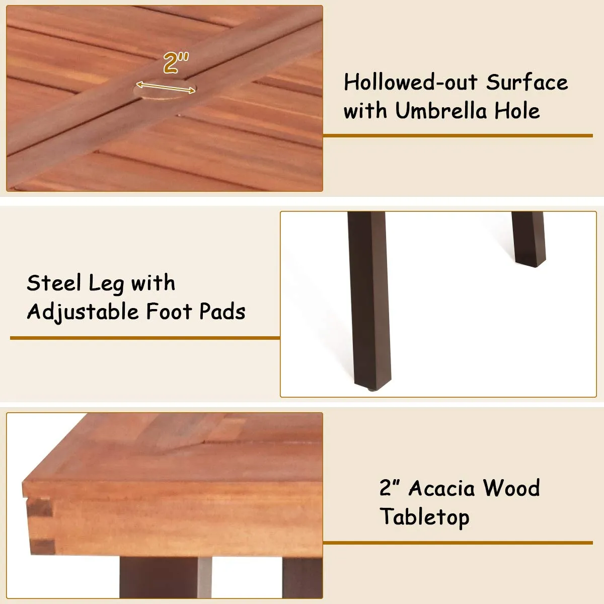 Patio Dining Table with Umbrella Hole, Outdoor Picnic Table for Backyard