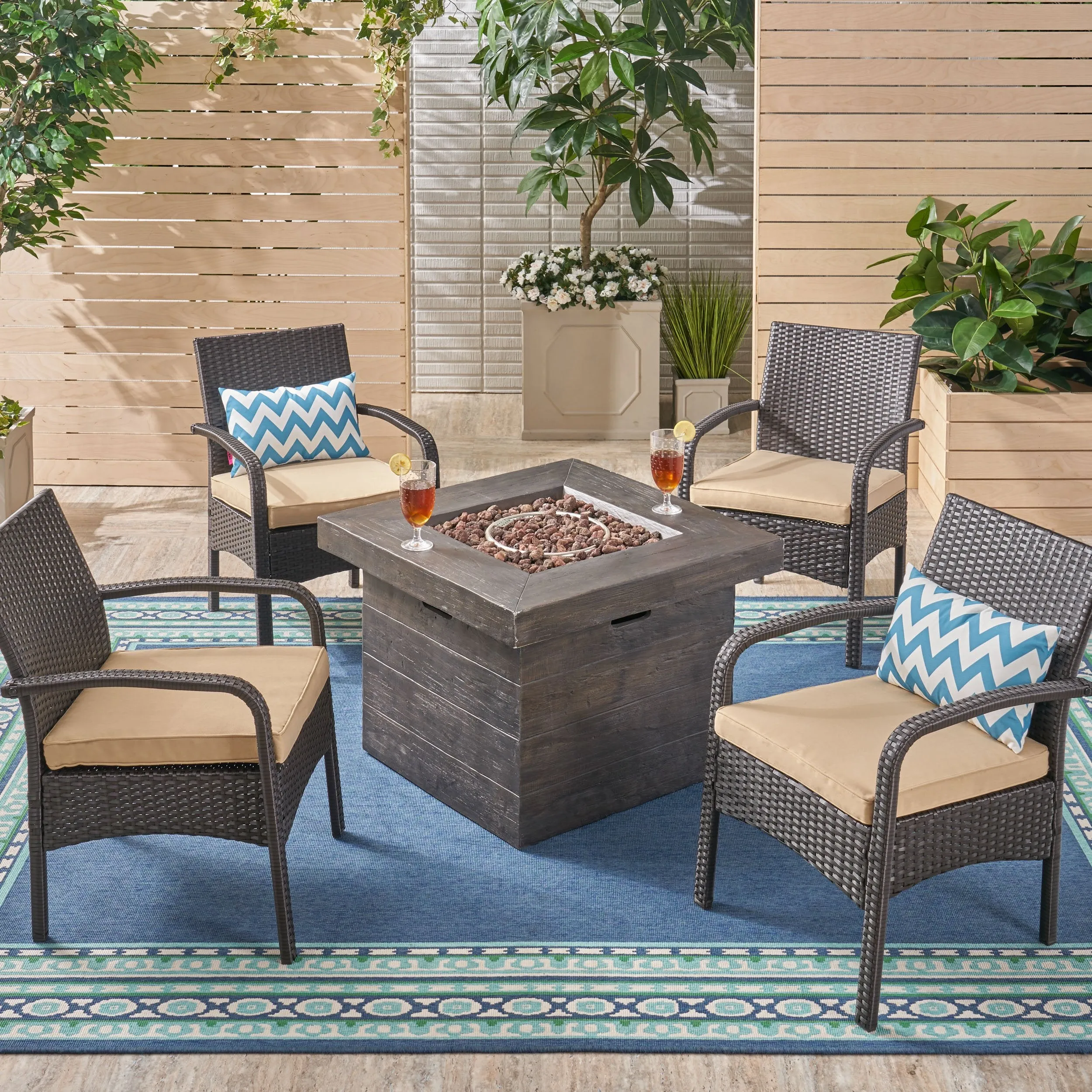Patio Fire Pit Set, 4-Seater with Club Chairs, Wicker with Outdoor Cushions - NH052703 clothes rack, garment rack