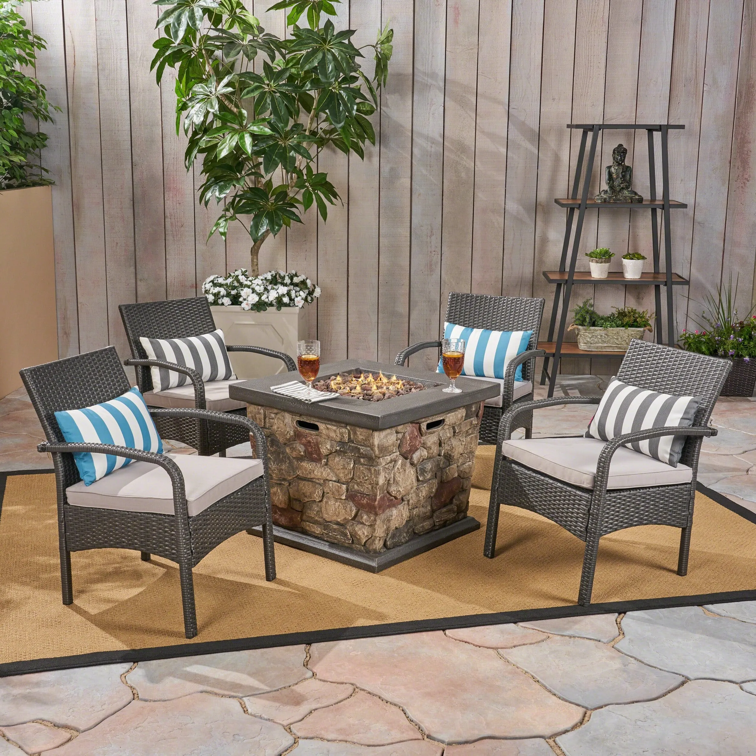 Patio Fire Pit Set, 4-Seater with Club Chairs, Wicker with Outdoor Cushions - NH152703