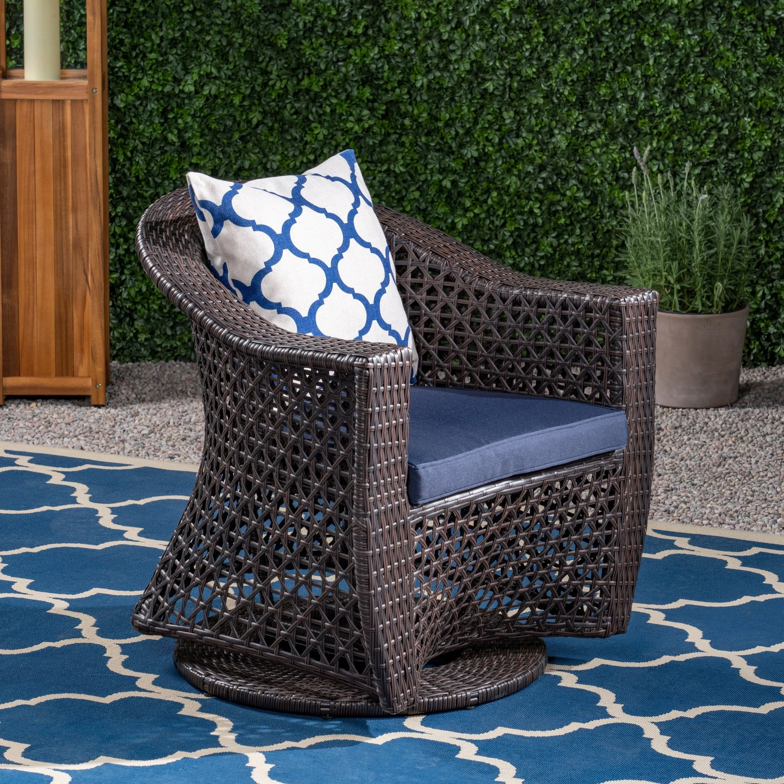 Patio Swivel Chair, Wicker with Outdoor Cushions, Multi-Brown, Navy Blue - NH231703 patio chairs, outdoor seating