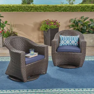 Patio Swivel Chairs, Wicker with Outdoor Cushions, Multi-Brown and Navy Blue - NH012703 patio chairs, outdoor seating