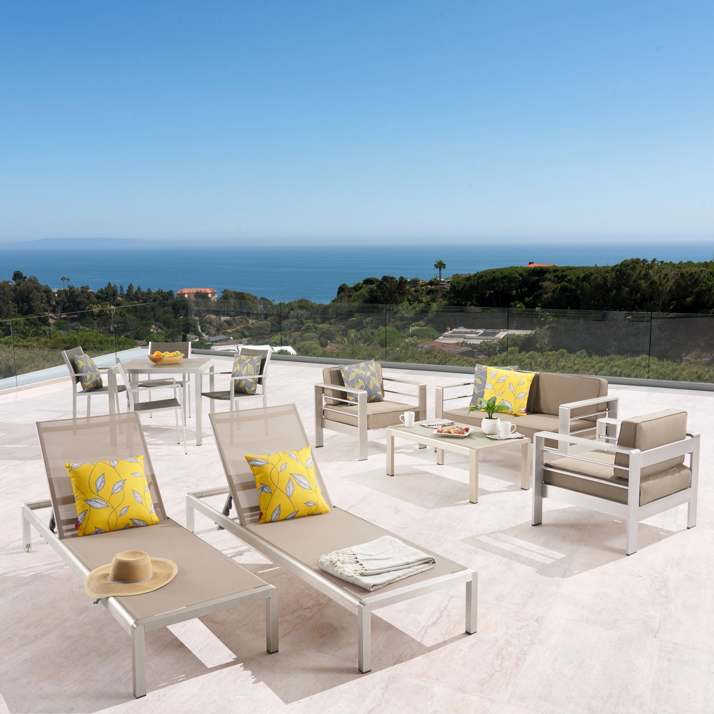 Patio Collection - 4-Seat Dining Set, 3-Piece Conversation Set, 2 Chaise Lounges, Coffee Table - Aluminum - Faux Wood Table Top - Silver, Gray, Khaki - NH320703 cushion cover, soft furnishing