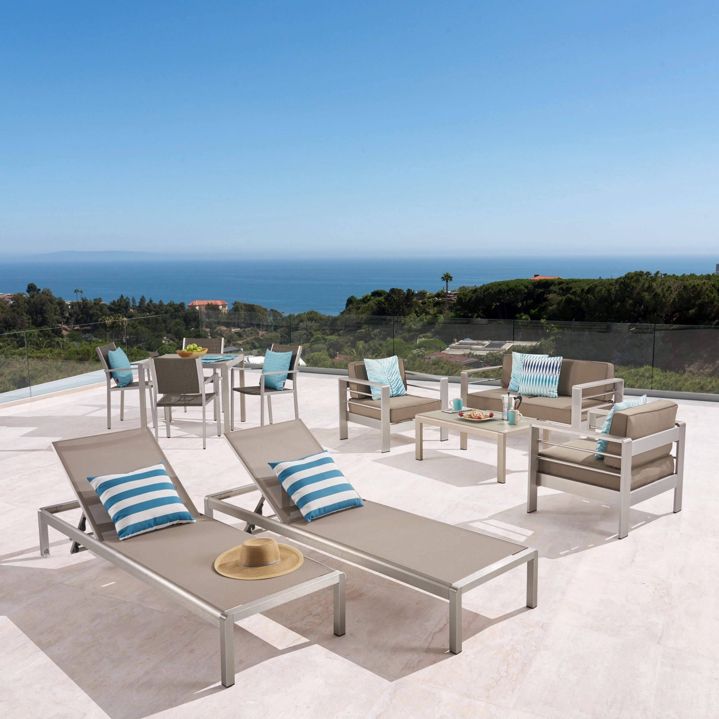 Patio Collection - 4-Seat Dining Set, 3-Piece Conversation Set, 2 Chaise Lounges, Coffee Table - Aluminum - Glass Table Top - Silver, Gray, Khaki - NH810703 cushion cover, soft furnishing