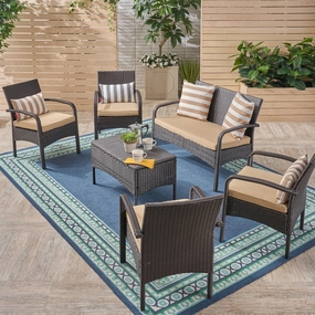 Patio Conversation Set, 6-Seater with Loveseat, Club Chairs, and Coffee Table, Brown Wicker with Tan Outdoor Cushions - NH842703 clothes rack, garment rack