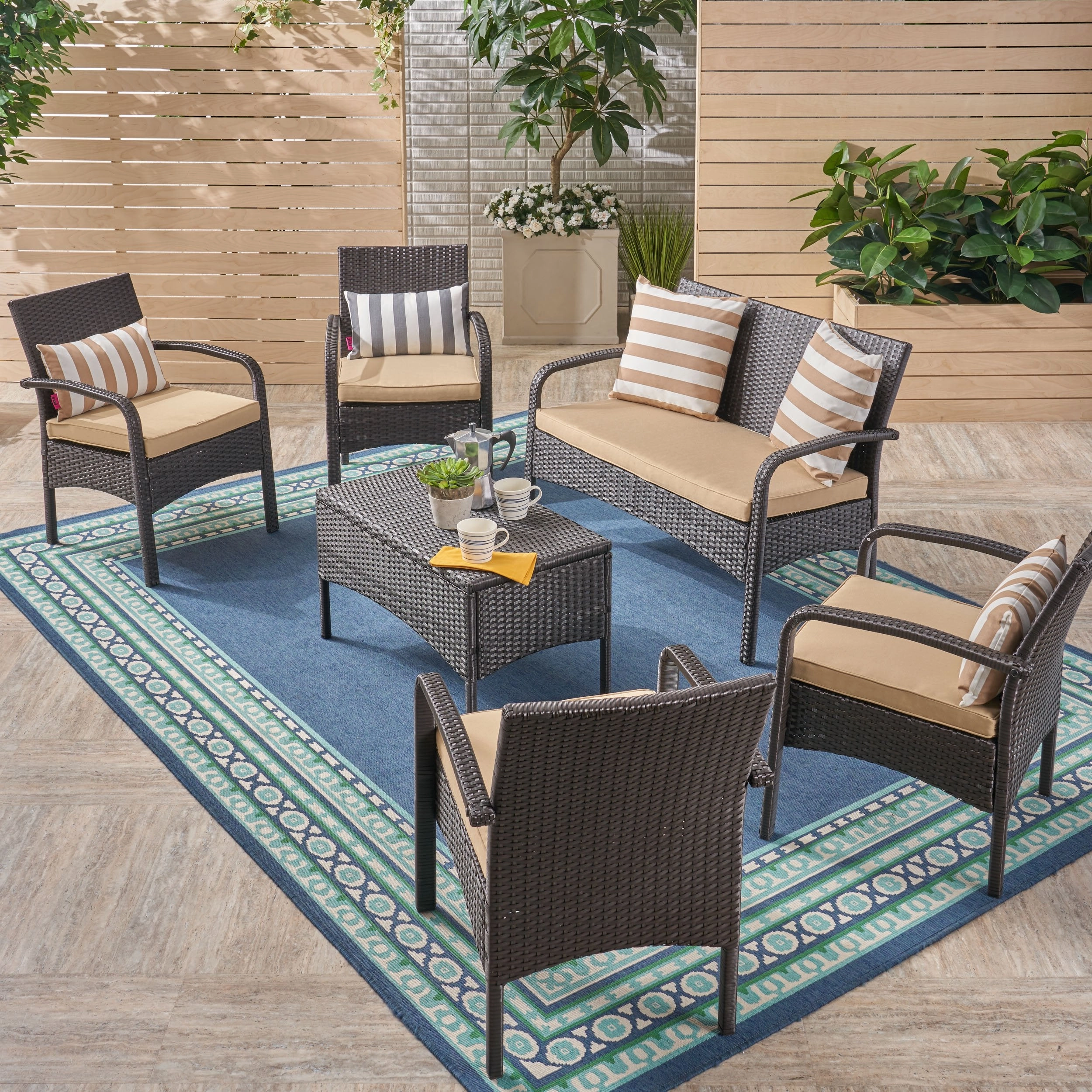 Patio Conversation Set, 6-Seater with Loveseat, Club Chairs, and Coffee Table, Brown Wicker with Tan Outdoor Cushions - NH842703 clothes rack, garment rack
