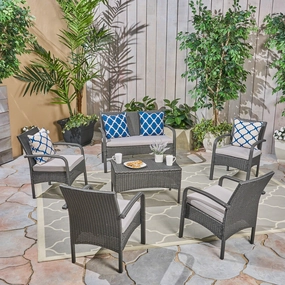 Patio Conversation Set, 6-Seater with Loveseat, Club Chairs, and Coffee Table, Gray Wicker with Light Gray Outdoor Cushions - NH252703 clothes rack, garment rack
