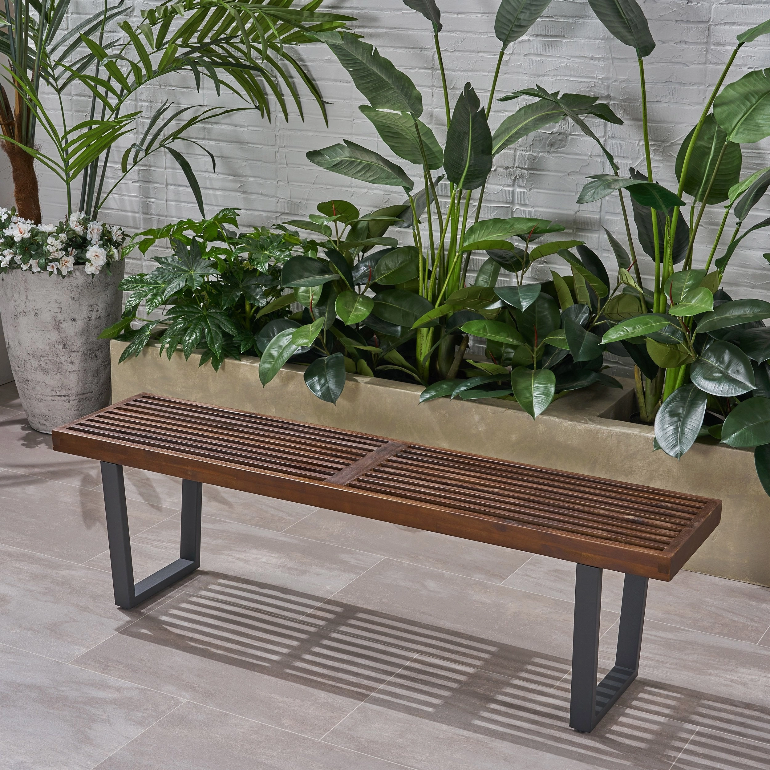 Patio Dining Bench, Acacia Wood with Iron Legs, Modern, Contemporary - NH195703 stair tread rug, stair mat