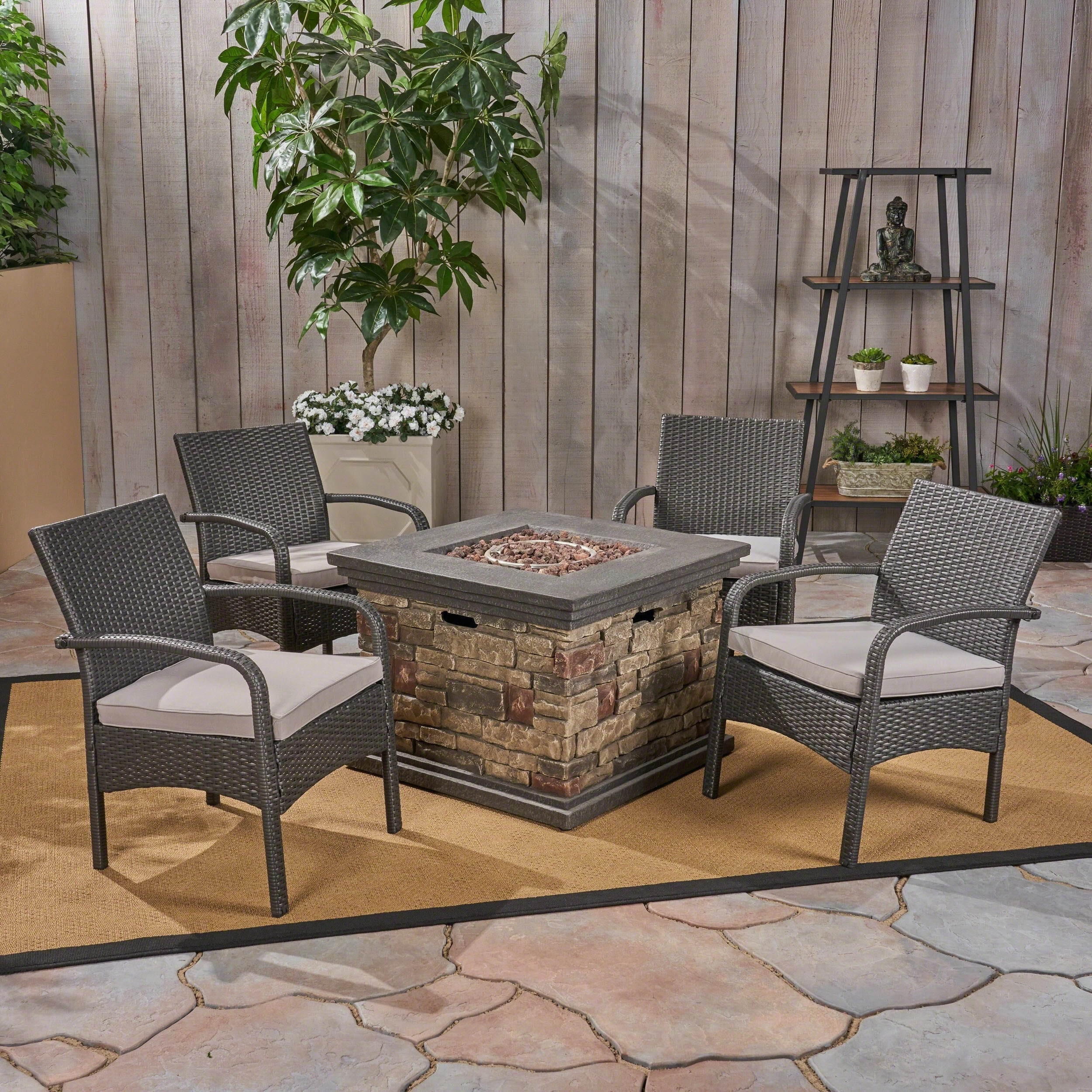 Patio Fire Pit Set, 4-Seater with Club Chairs, Wicker with Outdoor Cushions - NH052703