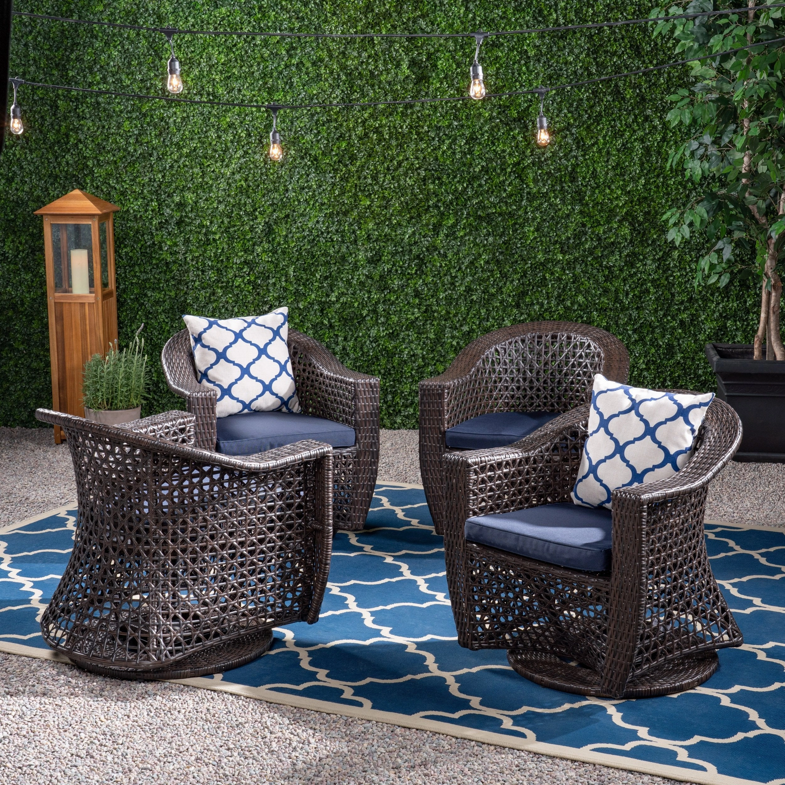 Patio Swivel Chair, Wicker with Outdoor Cushions, Multi-Brown, Navy Blue - NH231703