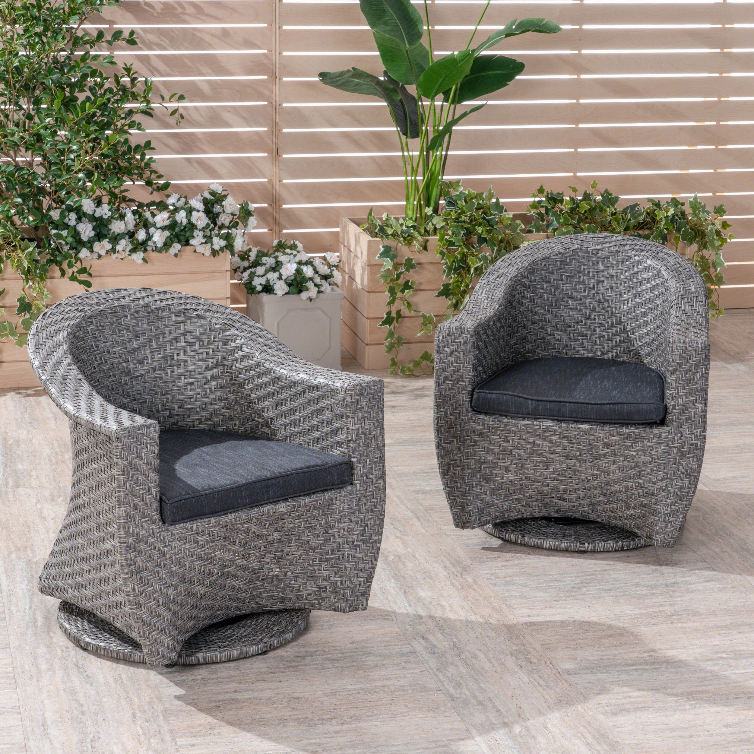 Patio Swivel Chairs, Wicker with Outdoor Cushions, Mixed Black and Dark Gray - NH112703 chandelier, pendant light
