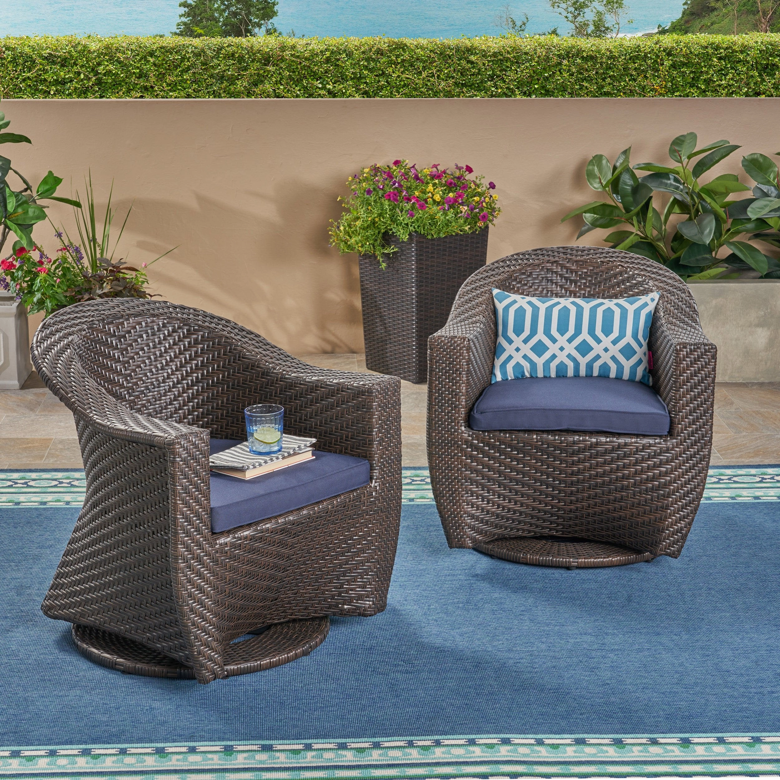 Patio Swivel Chairs, Wicker with Outdoor Cushions, Multi-Brown and Navy Blue - NH012703 chandelier, pendant light