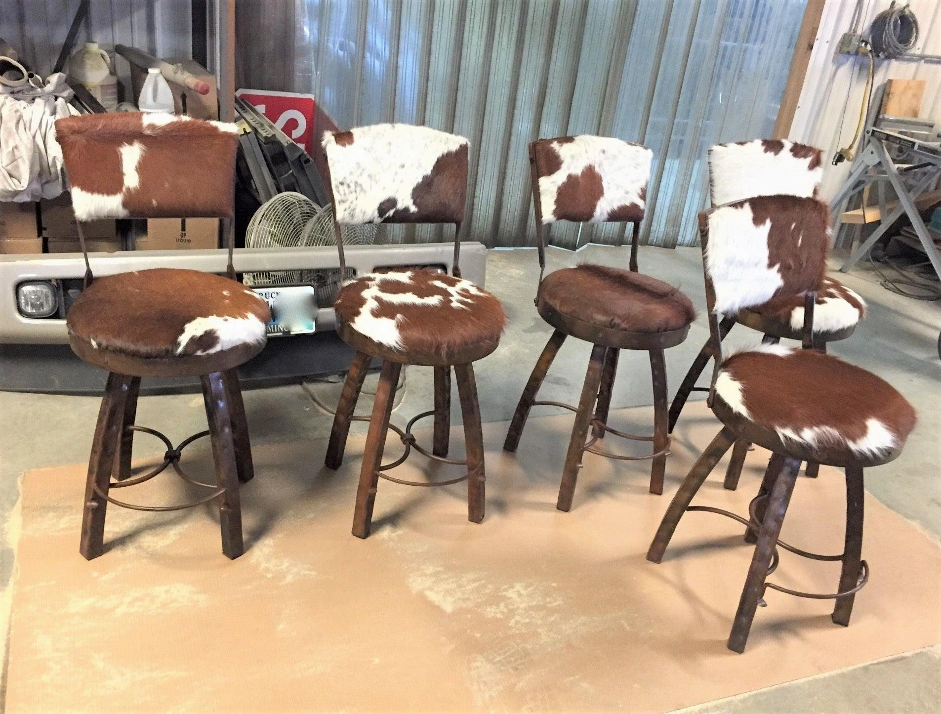 Peak 9 Brown & White Cowhide on Iron Bar Stools