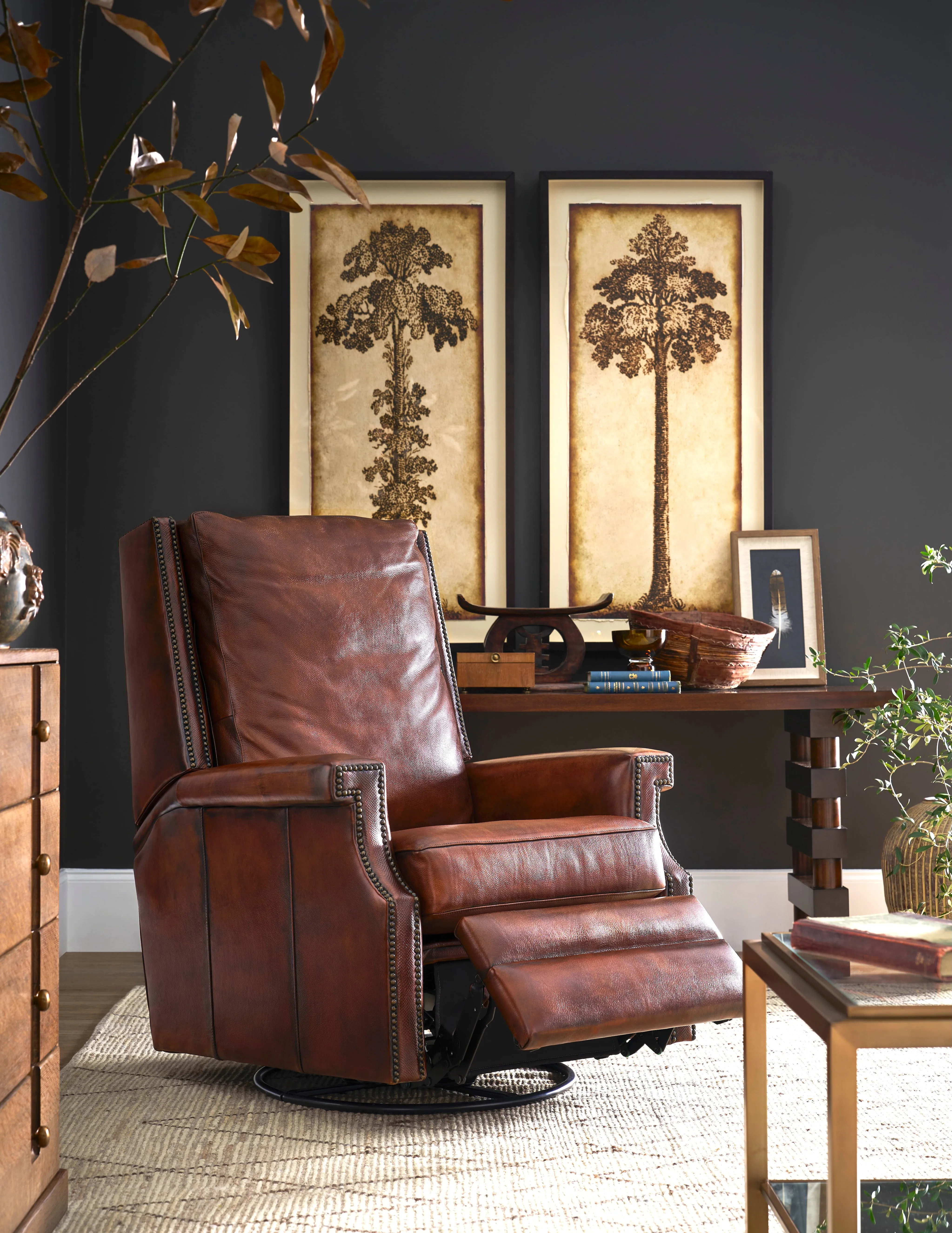 Pecan Leather Power Swivel Glider Recliner vanity mirror, wall mirror