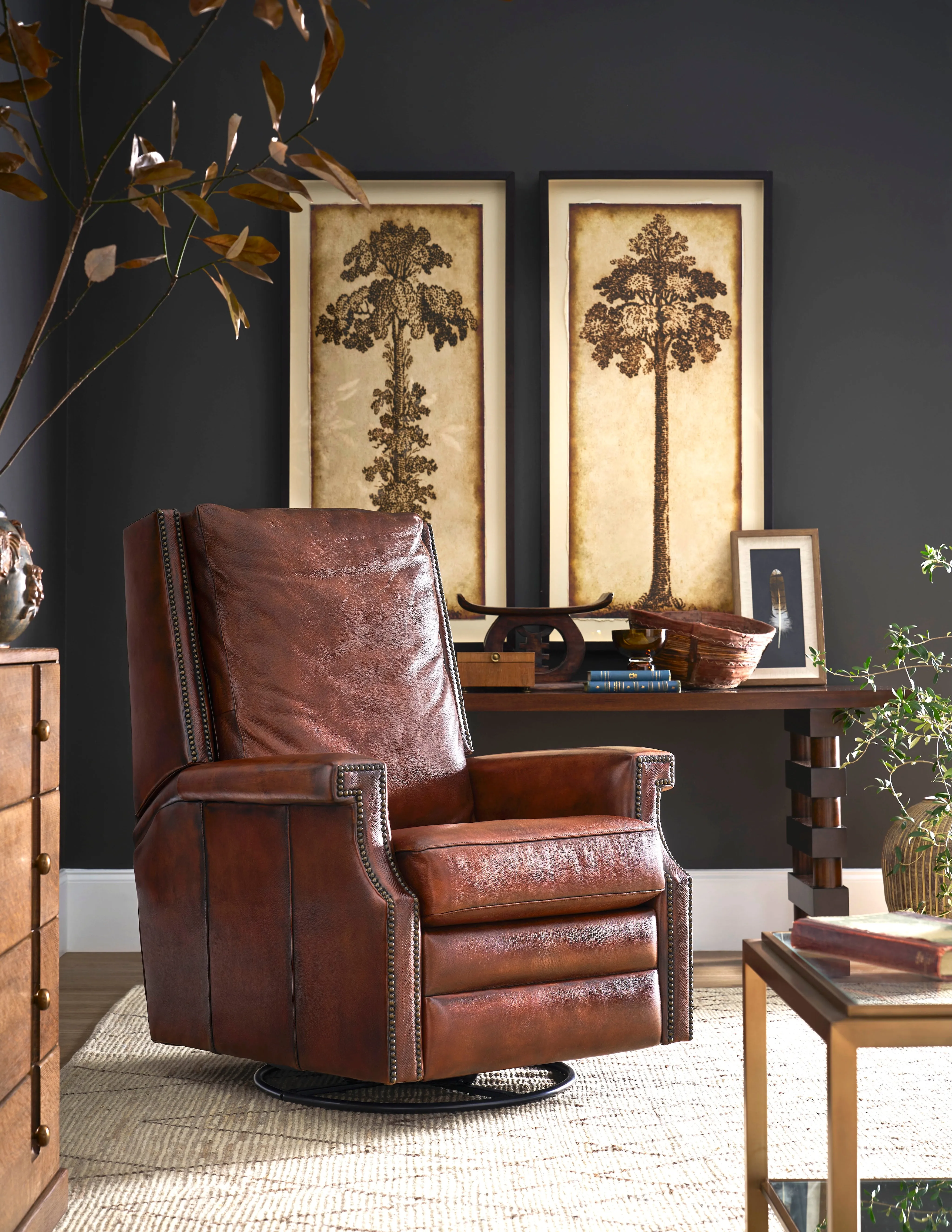 Pecan Leather Power Swivel Glider Recliner