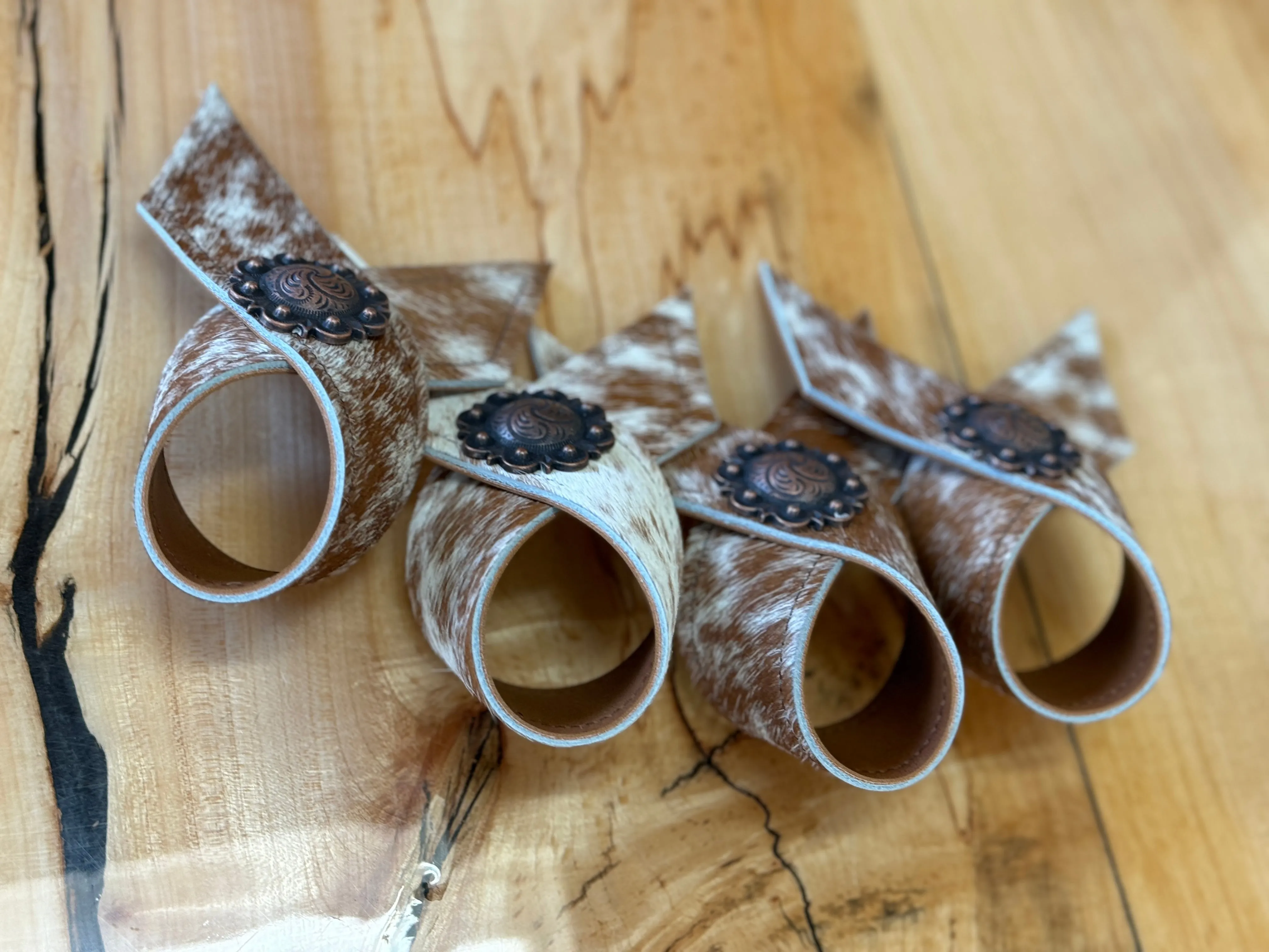 Peppered Brown White Cowhide Concho Napkin Rings