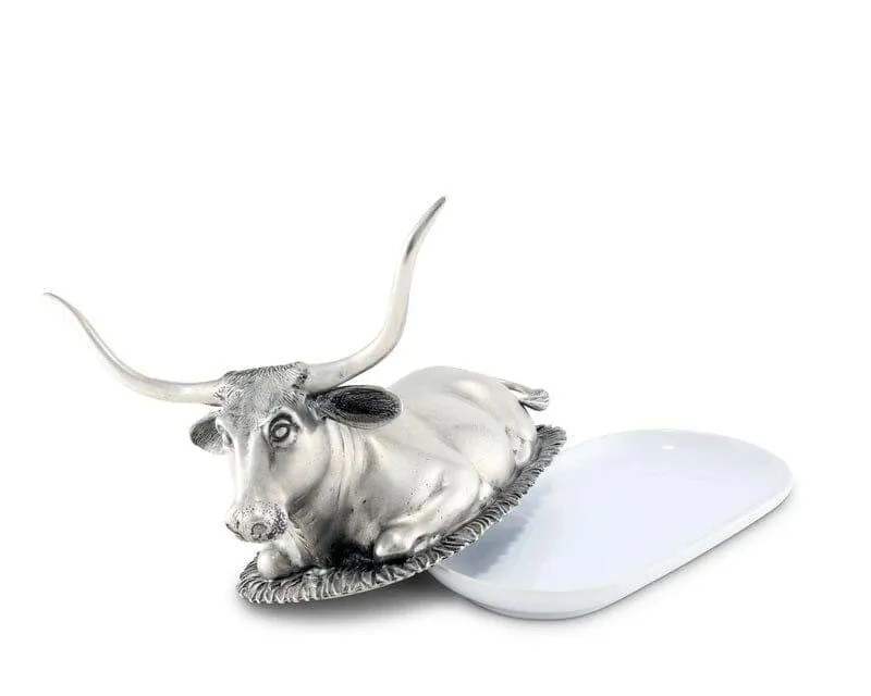 Pewter & Stoneware Longhorn Butter Dish