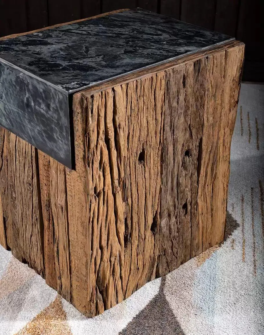 Reclaimed Pine & Marble Side Table