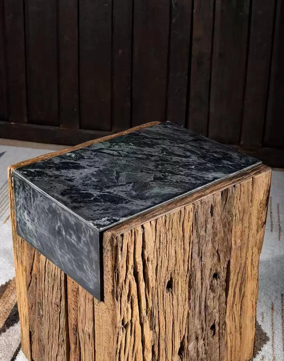 Reclaimed Pine & Marble Side Table