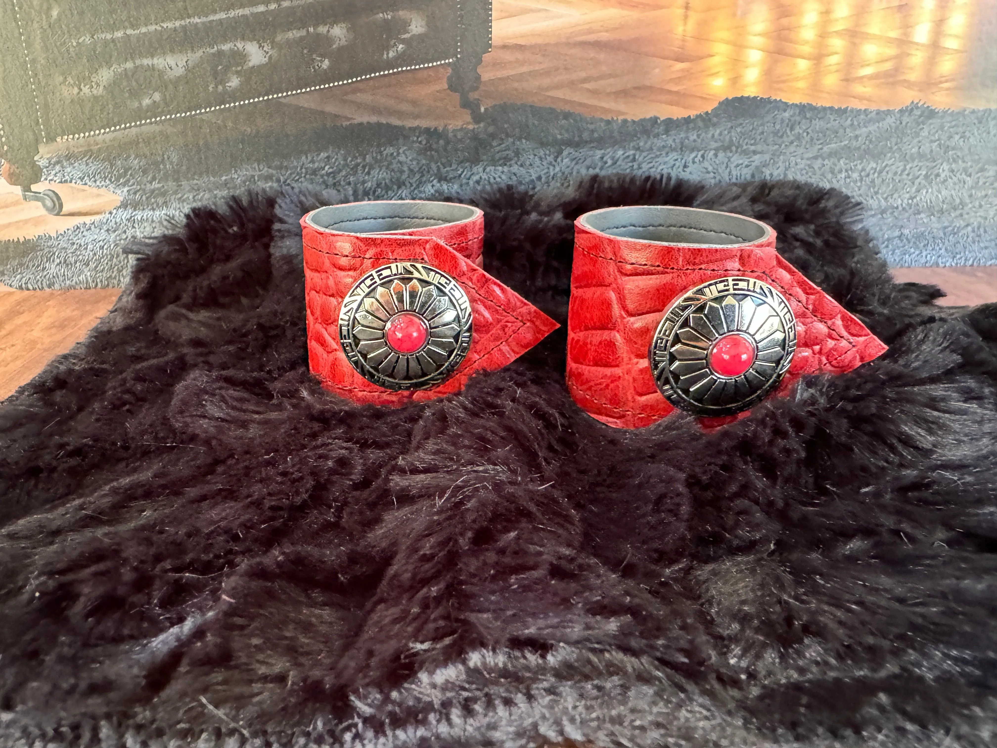 Red Croc Leather & Concho Napkin Rings