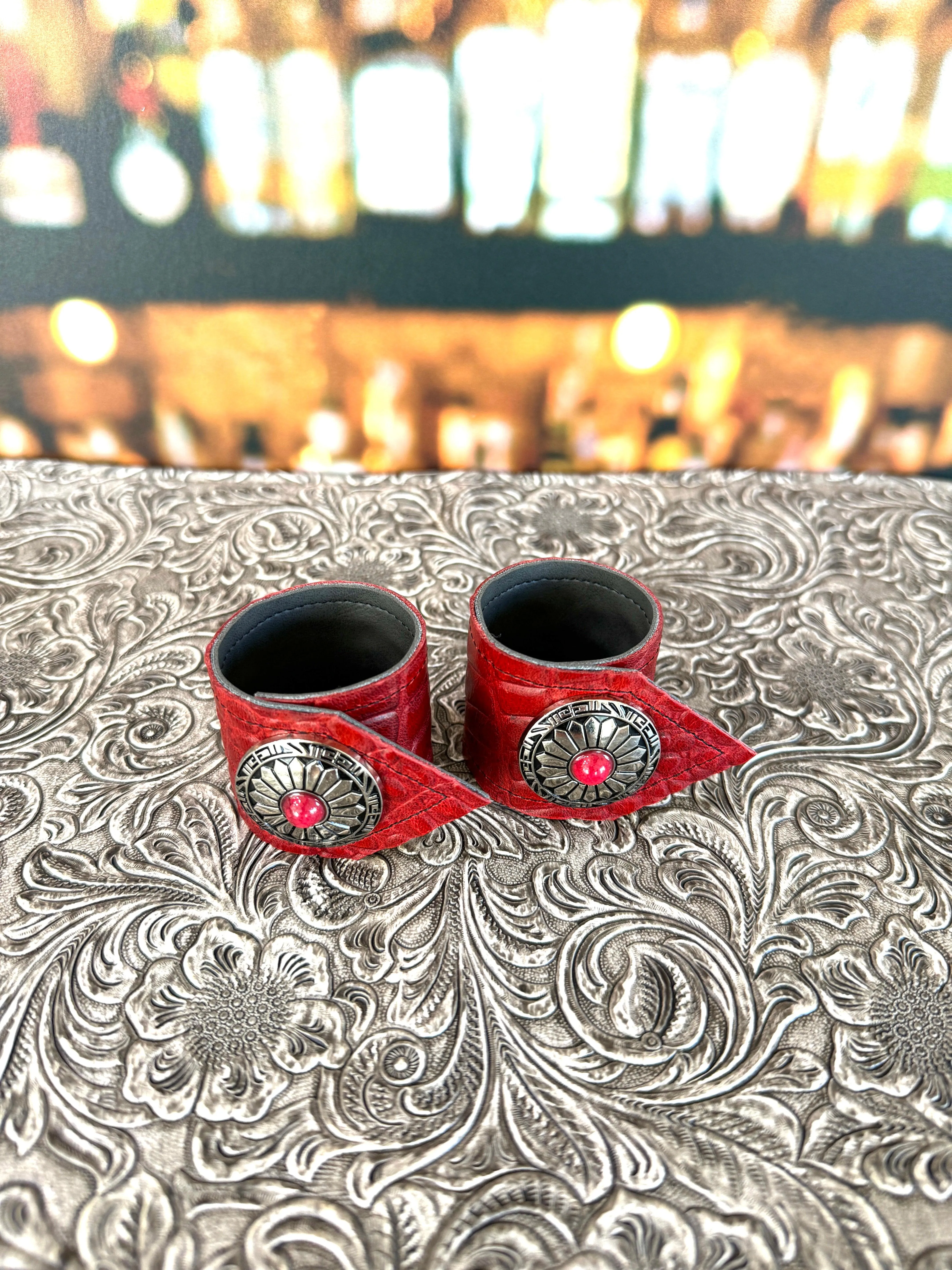 Red Croc Leather & Concho Napkin Rings