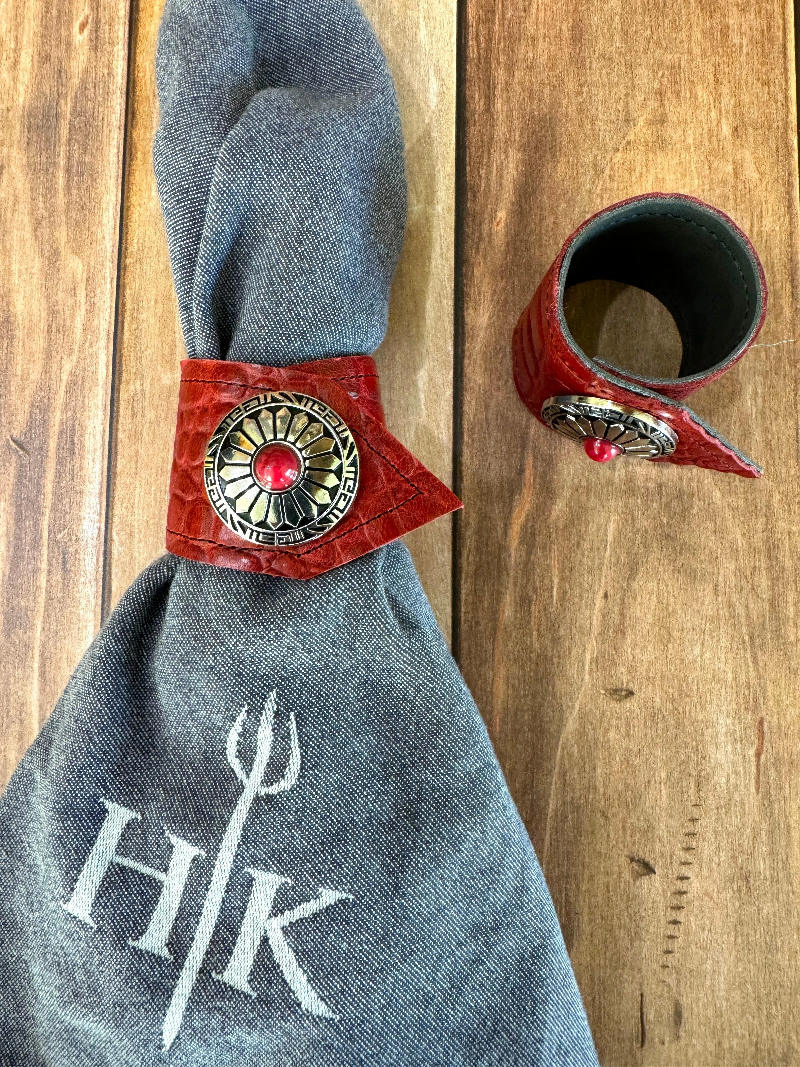 Red Croc Leather & Concho Napkin Rings